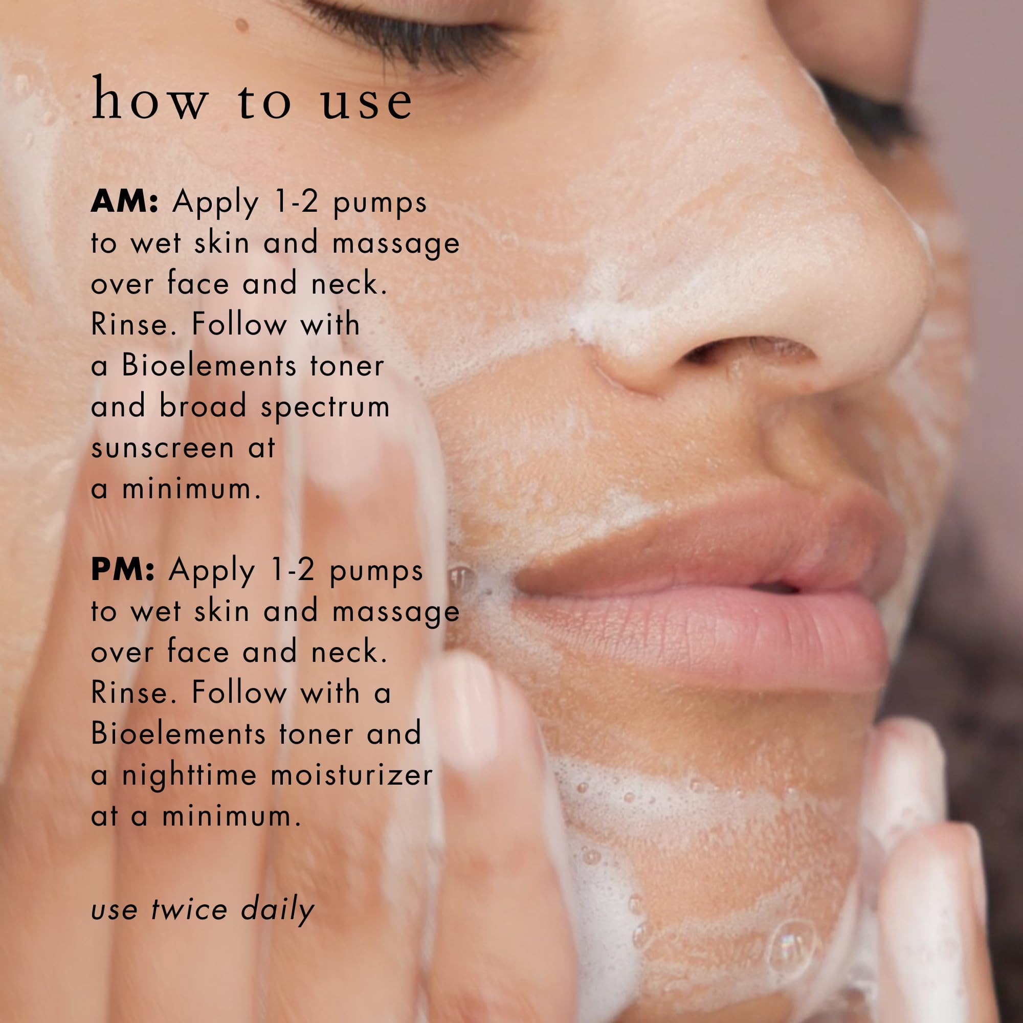 Bioelements Flash Foam Cleanser, utilisation nocturne pour nettoyage en profondeur sans dessèchement.