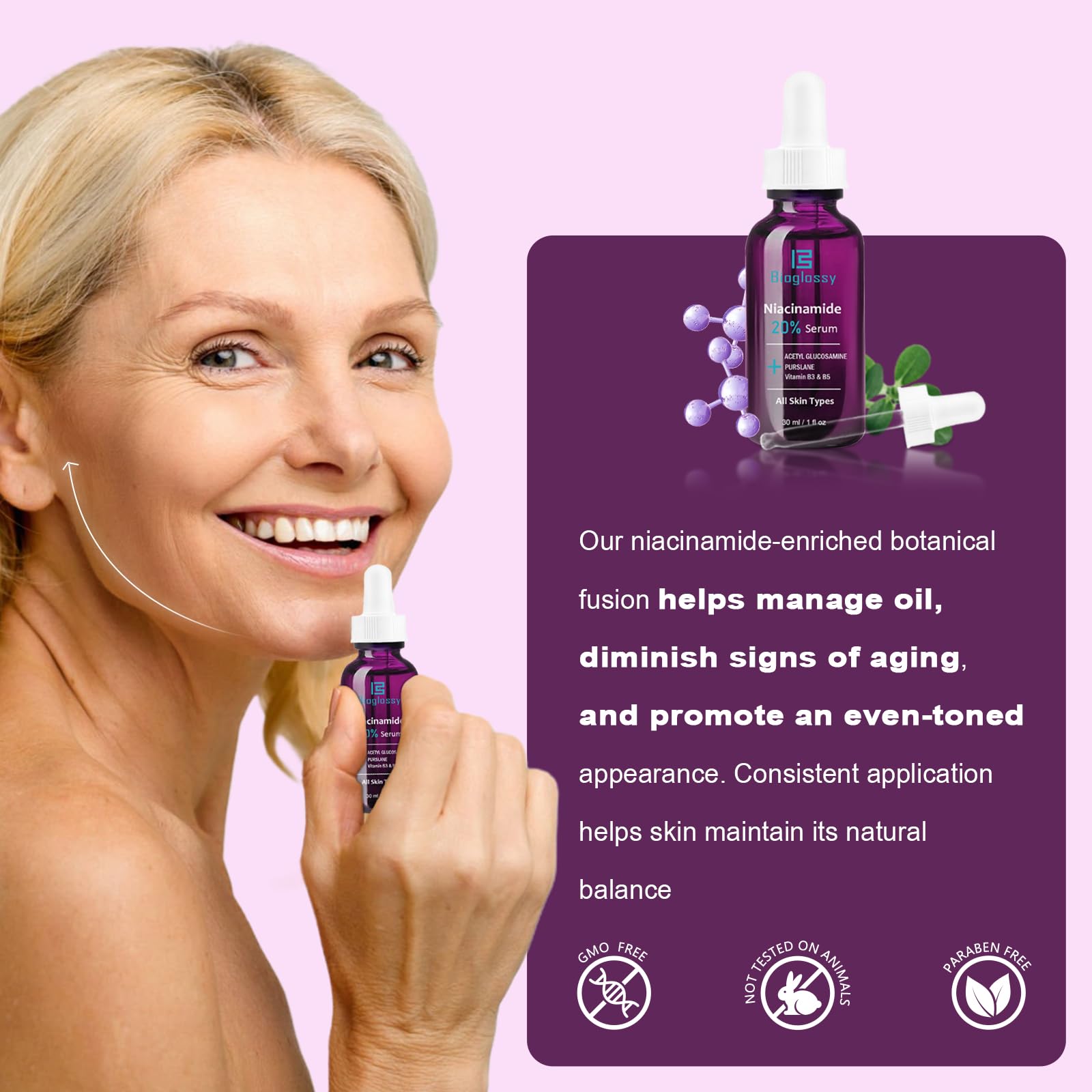 Pores affinés et teint net grâce au Bioglossy Niacinamide 20%.