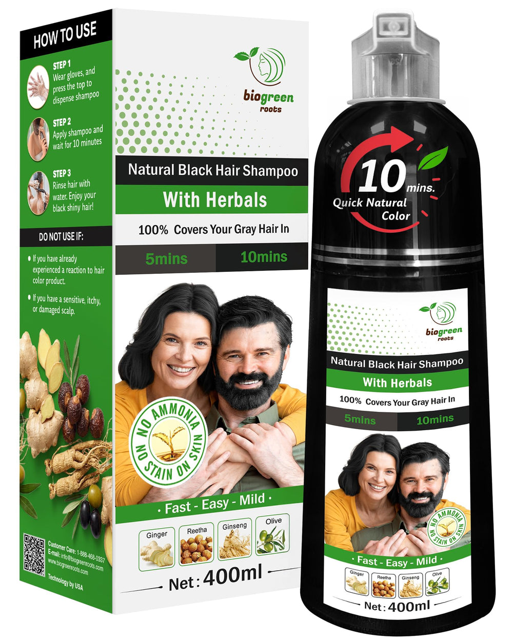 BIOGREEN ROOTS Shampoing naturel noir : bouteille et couleur naturelle visibles.