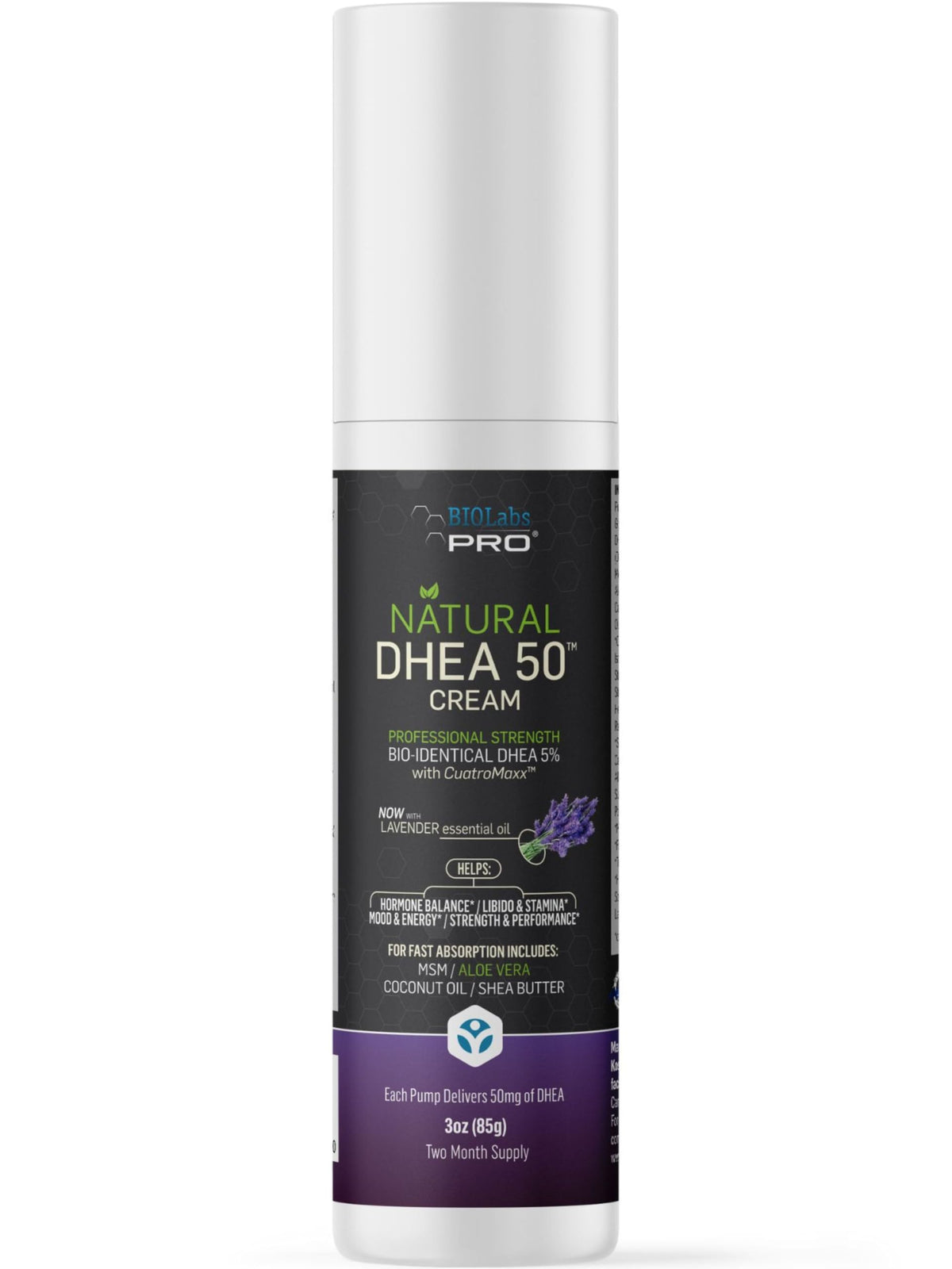 BIOLABS PRO DHEA crème 50 mg dans flacon 88 ml, usage pratique.