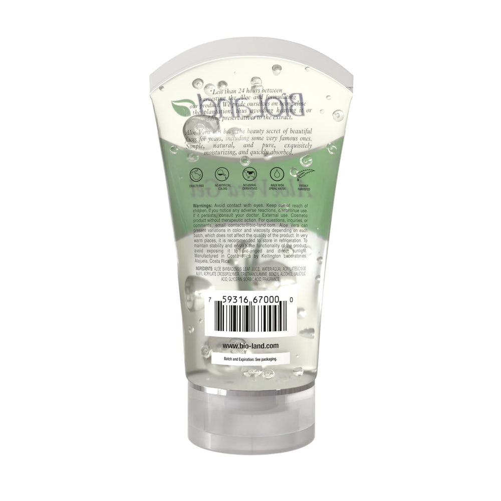Bioland Aloe Vera Gel bottle back label, highlighting clean, SLS-free formulation