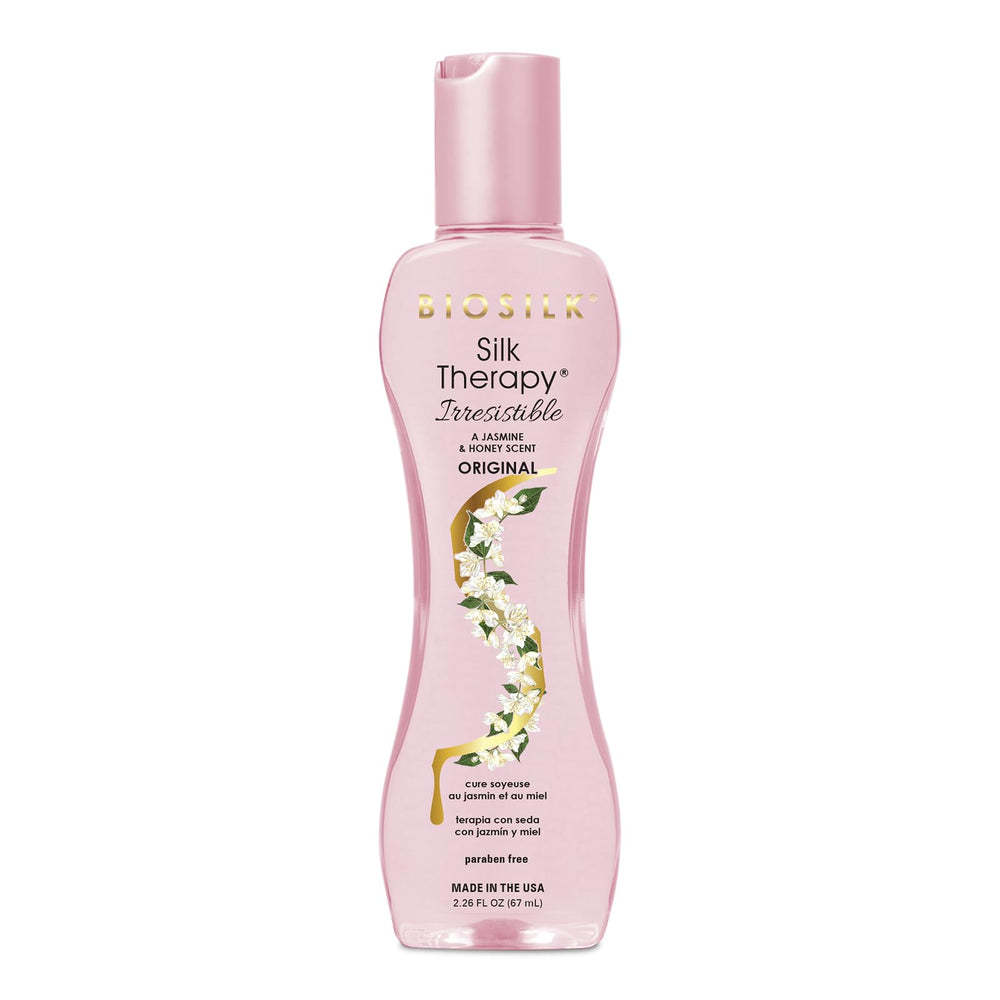 BioSilk Silk Therapy Irresistible – bouteille élégante et soin léger pour cheveux.