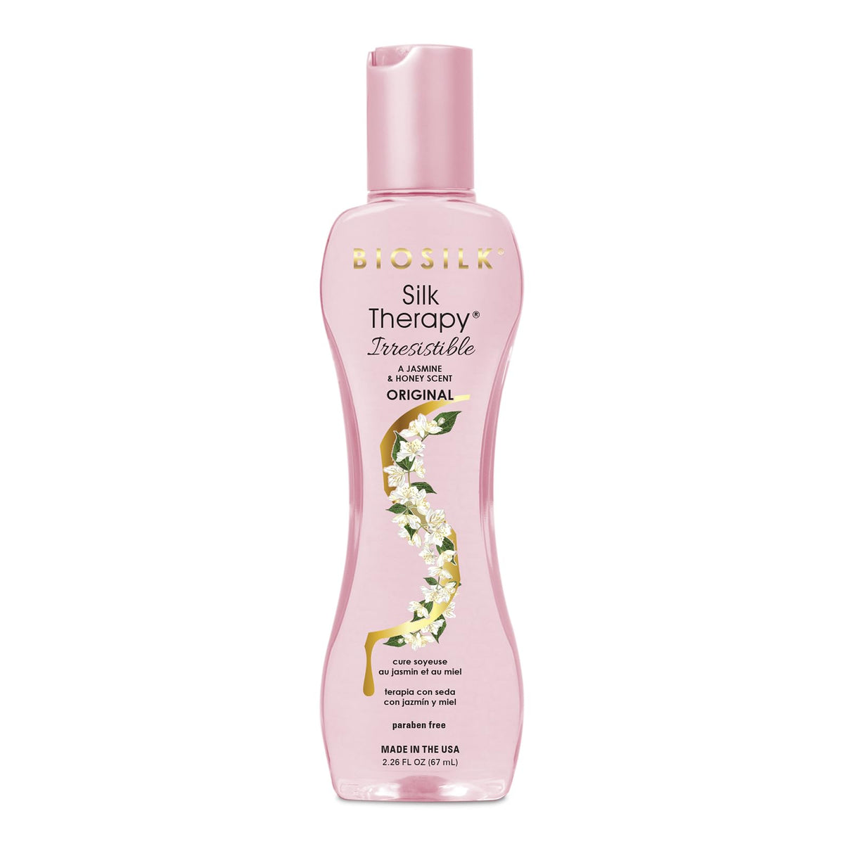 BioSilk Silk Therapy Irresistible – bouteille élégante et soin léger pour cheveux.