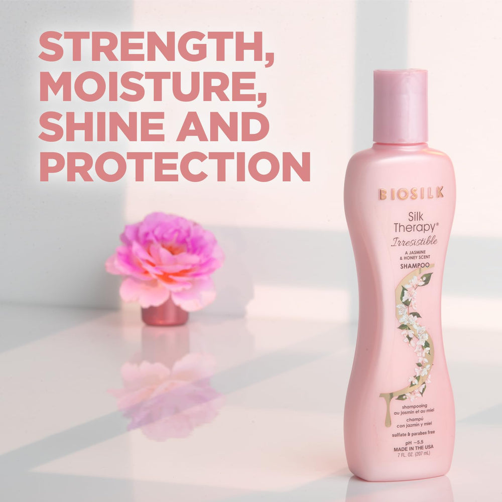 Cheveux nets et brillants après rinçage avec BioSilk Silk Therapy Irresistible.