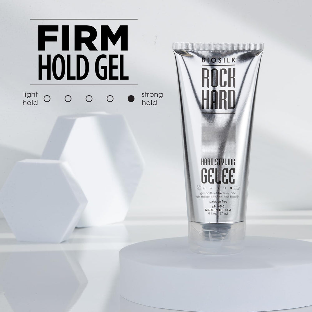 BioSilk Rock Hard Gel montre l'application sur cheveux humides pour une tenue longue durée.