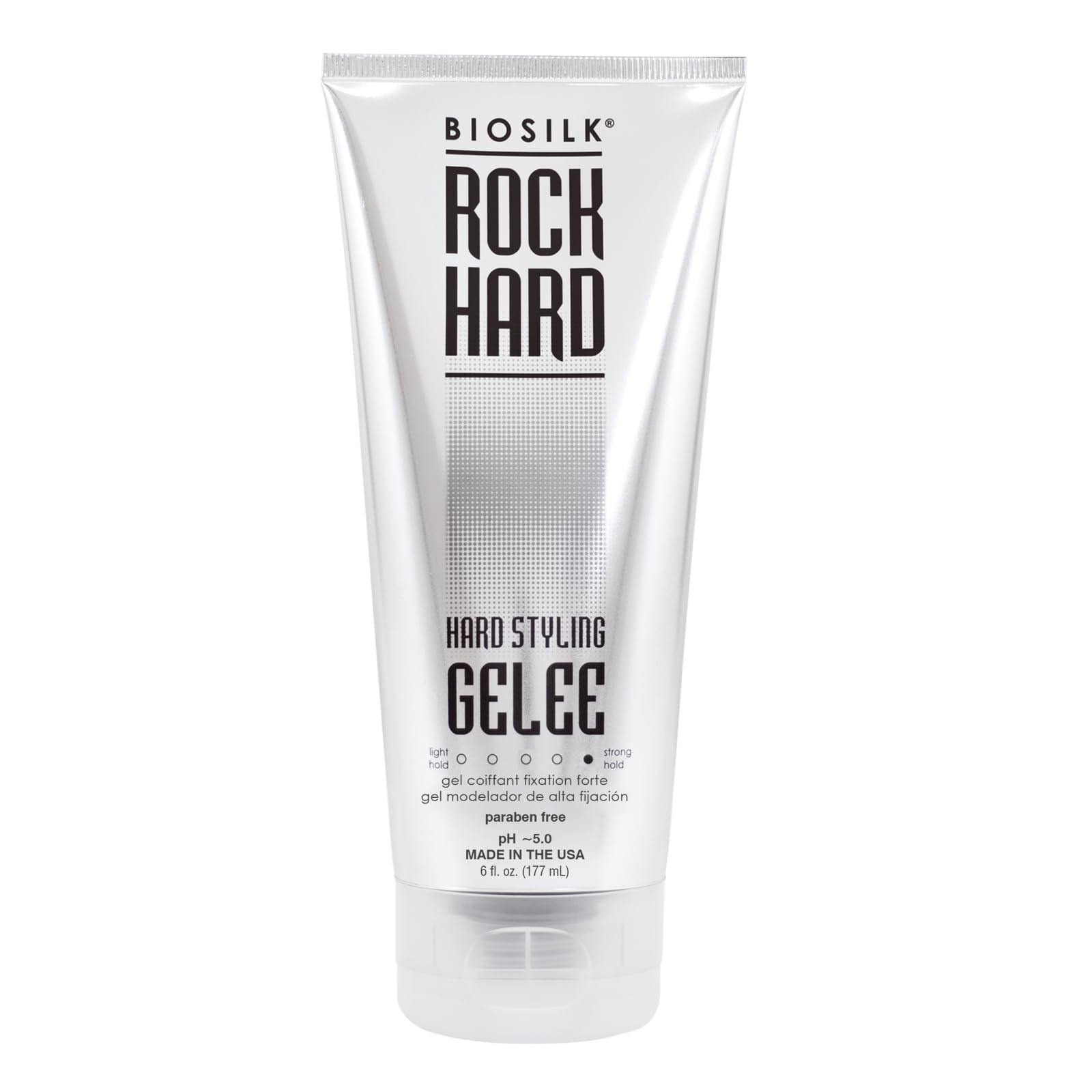 BioSilk Rock Hard Gel, bouteille montrant une tenue ferme et brillance satinée.