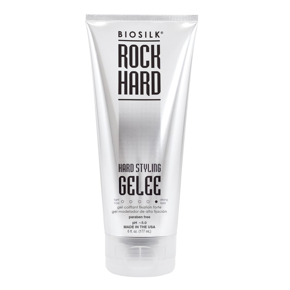 BioSilk Rock Hard Gel, bouteille montrant une tenue ferme et brillance satinée.