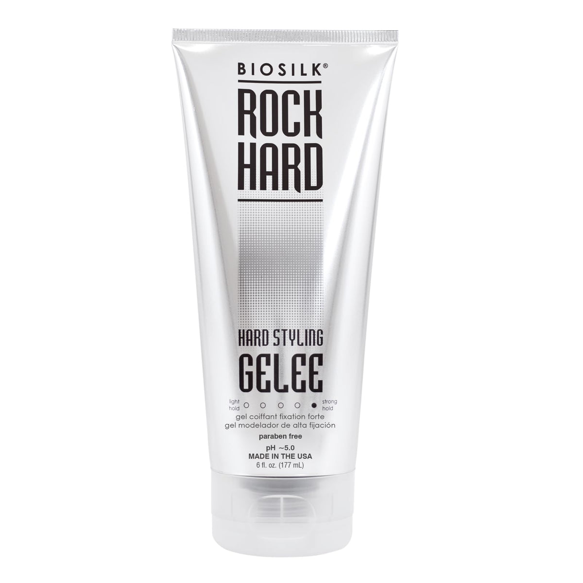 BioSilk Rock Hard Gel, bouteille montrant une tenue ferme et brillance satinée.