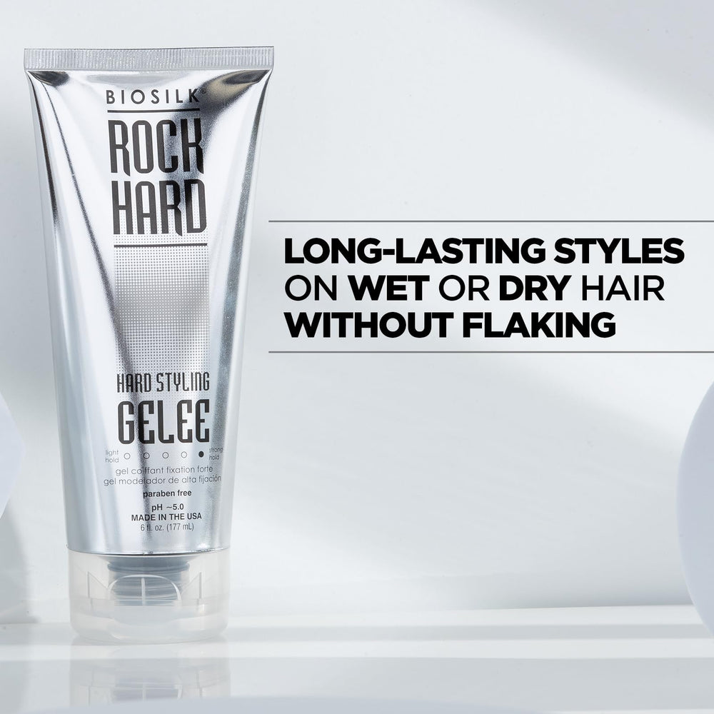 BioSilk Rock Hard Gel texture coiffante renforcée offrant brillance et souplesse.