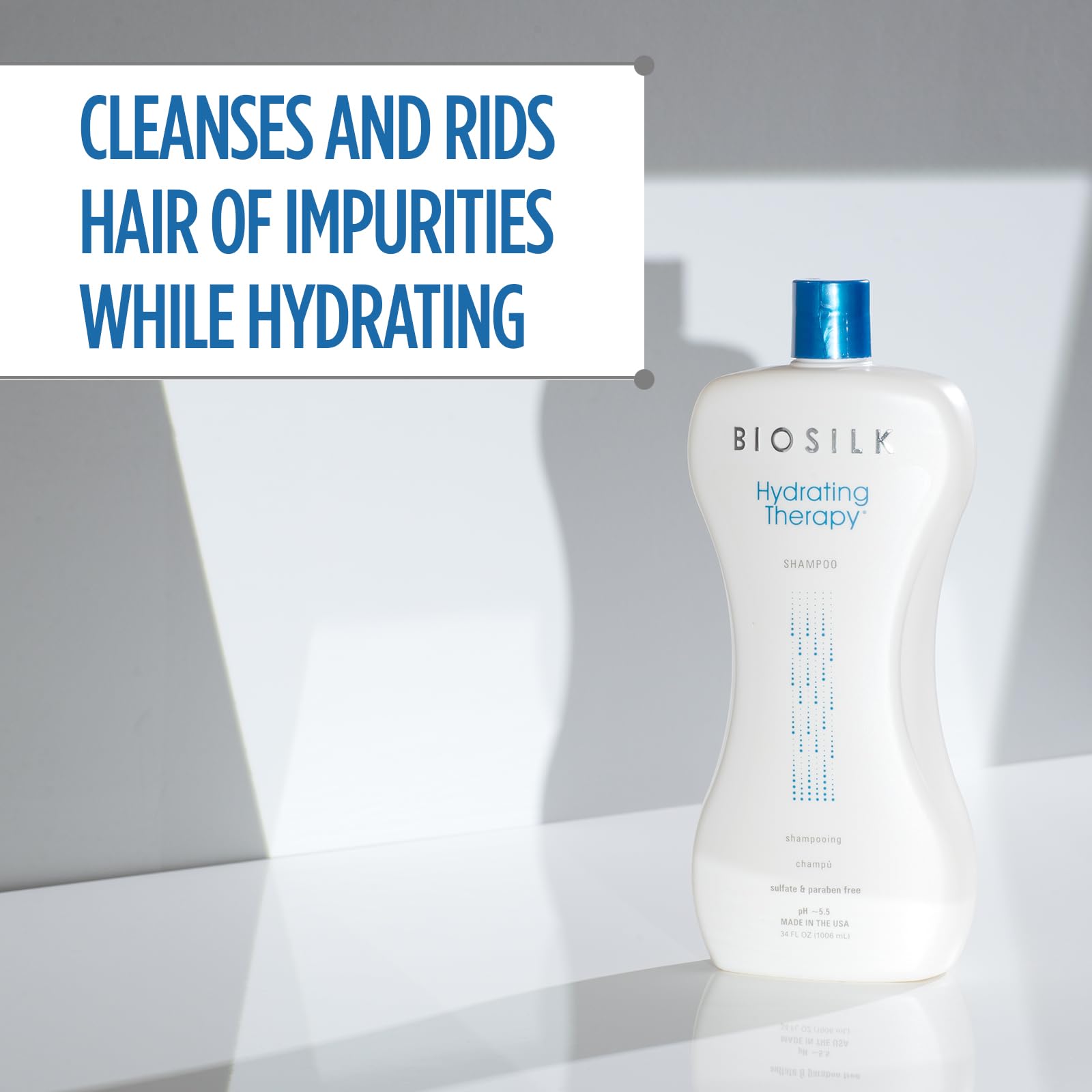 BioSilk Shampoing hydratant: étiquette indiquant sans sulfates et sans parabènes.