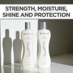 BioSilk Silk Therapy Après-Shampoing: bouteille premium, hydratation et démêlage facilités.
