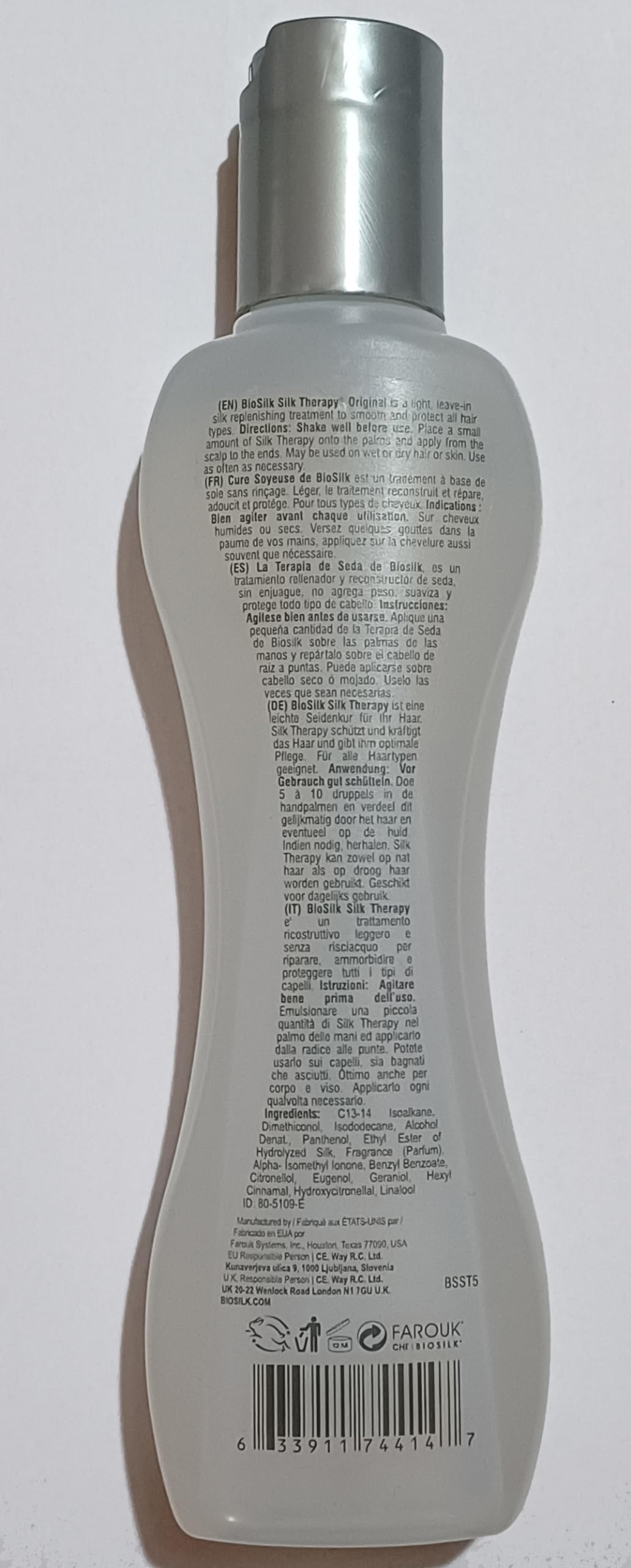 BioSilk bottle close-up, easy application for wet or dry hair.