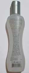 BioSilk bottle close-up, easy application for wet or dry hair.