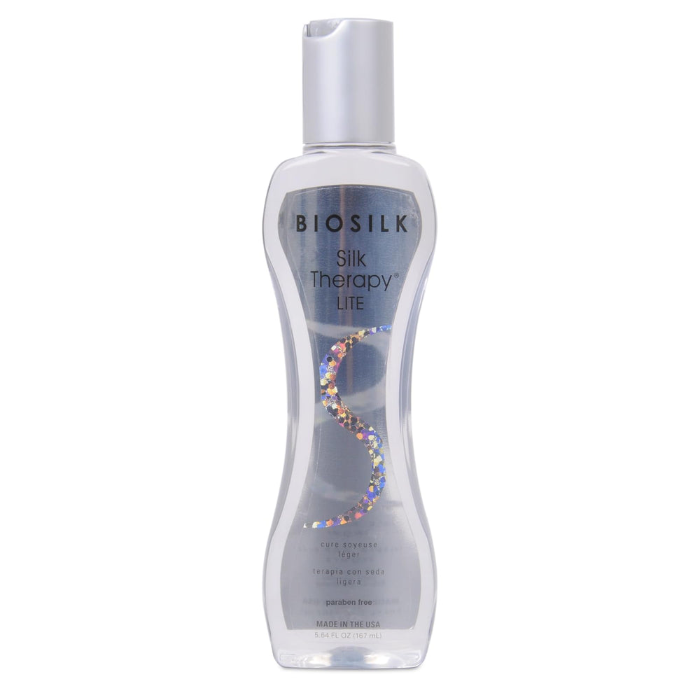 BioSilk Silk Therapy Lite — bouteille visible avec effet lissant sur cheveux fins.