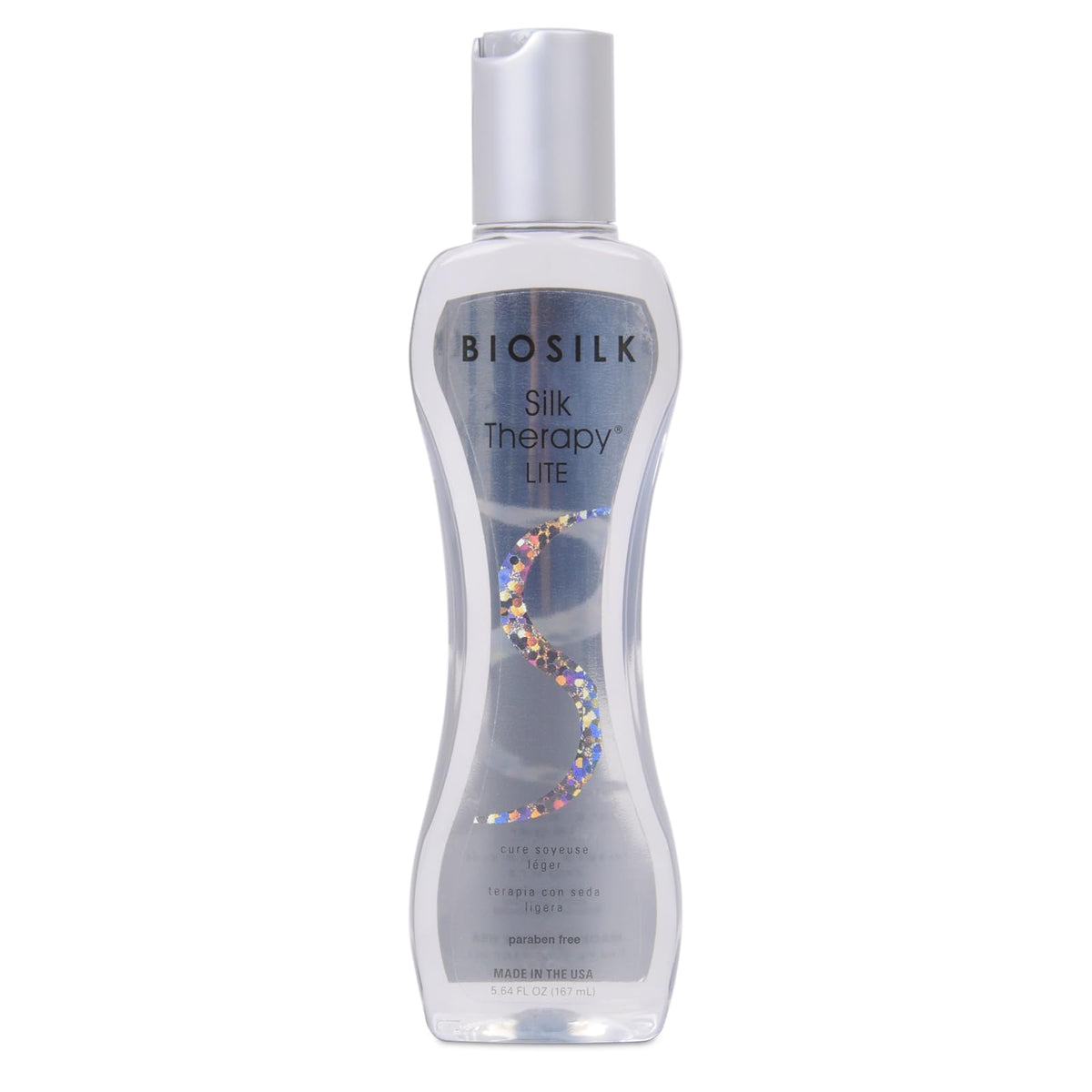 BioSilk Silk Therapy Lite — bouteille visible avec effet lissant sur cheveux fins.