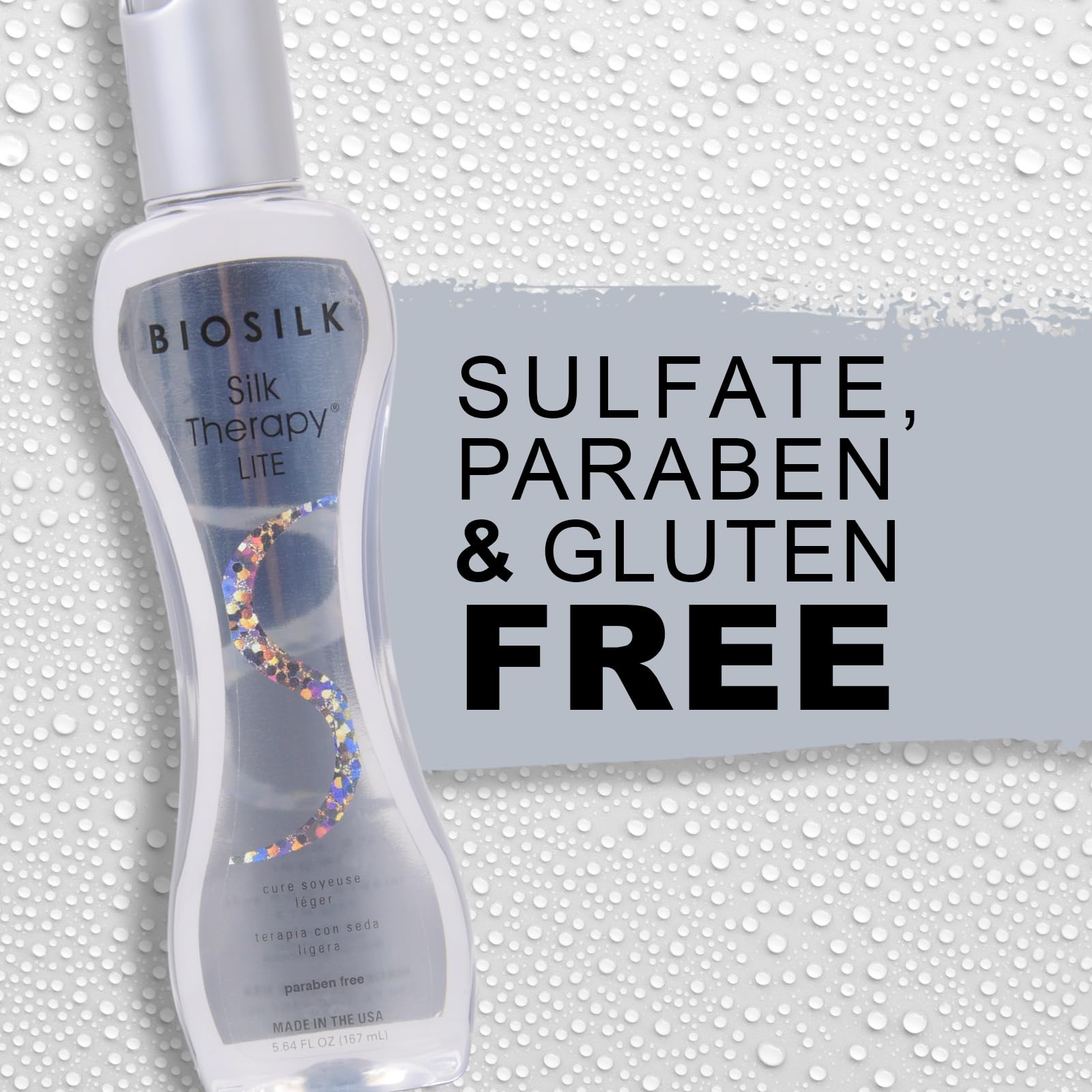 BioSilk Silk Therapy Lite — application sur cheveux mouillés ou secs pour brillance.