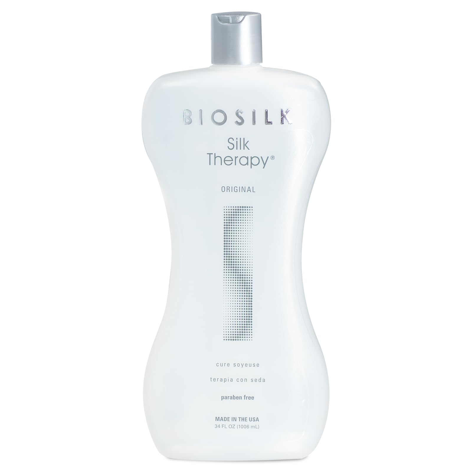 BioSilk Silk Therapy Original – bouteille en gros plan, brillance légère sans alourdir les cheveux.
