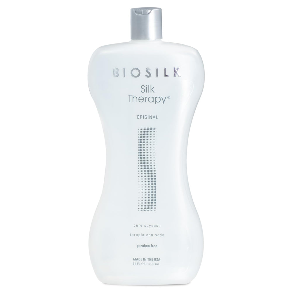 BioSilk Silk Therapy Original – bouteille en gros plan, brillance légère sans alourdir les cheveux.