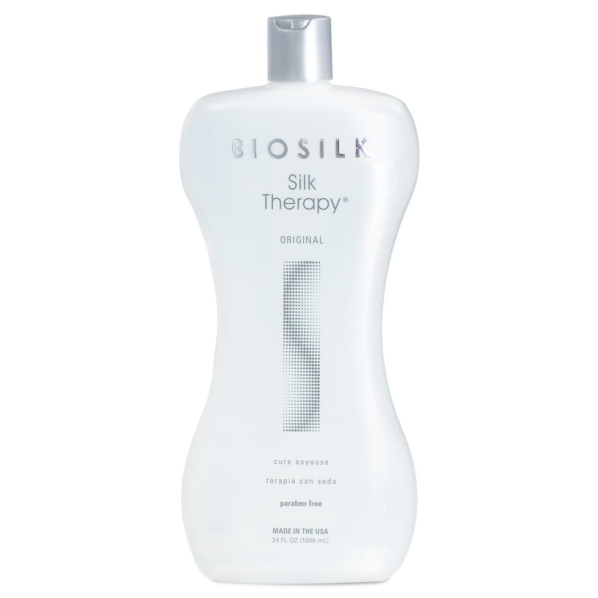 BioSilk Silk Therapy Original – bouteille en gros plan, brillance légère sans alourdir les cheveux.