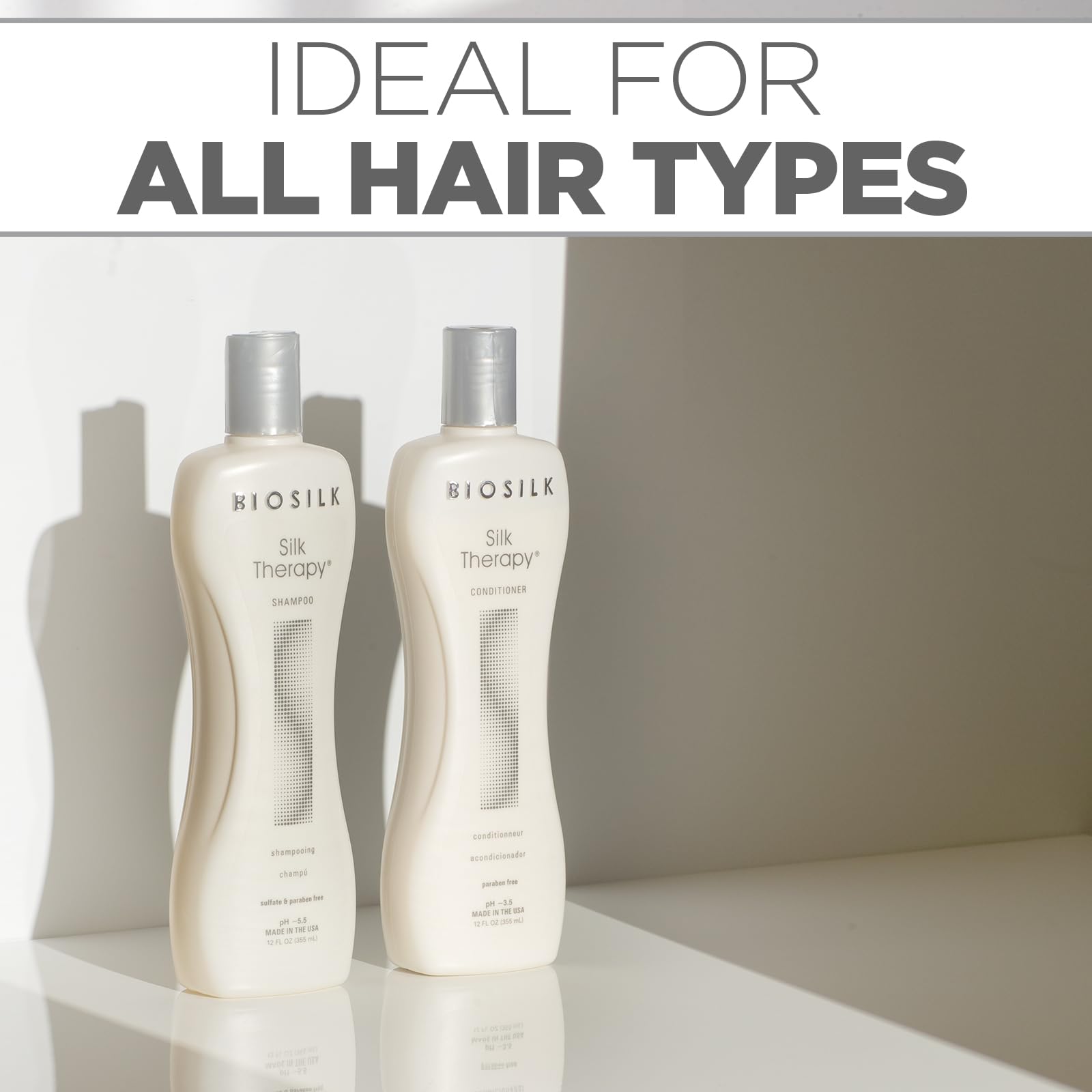 BioSilk Silk Therapy emballage duo: présentation claire des bénéfices sans sulfates.