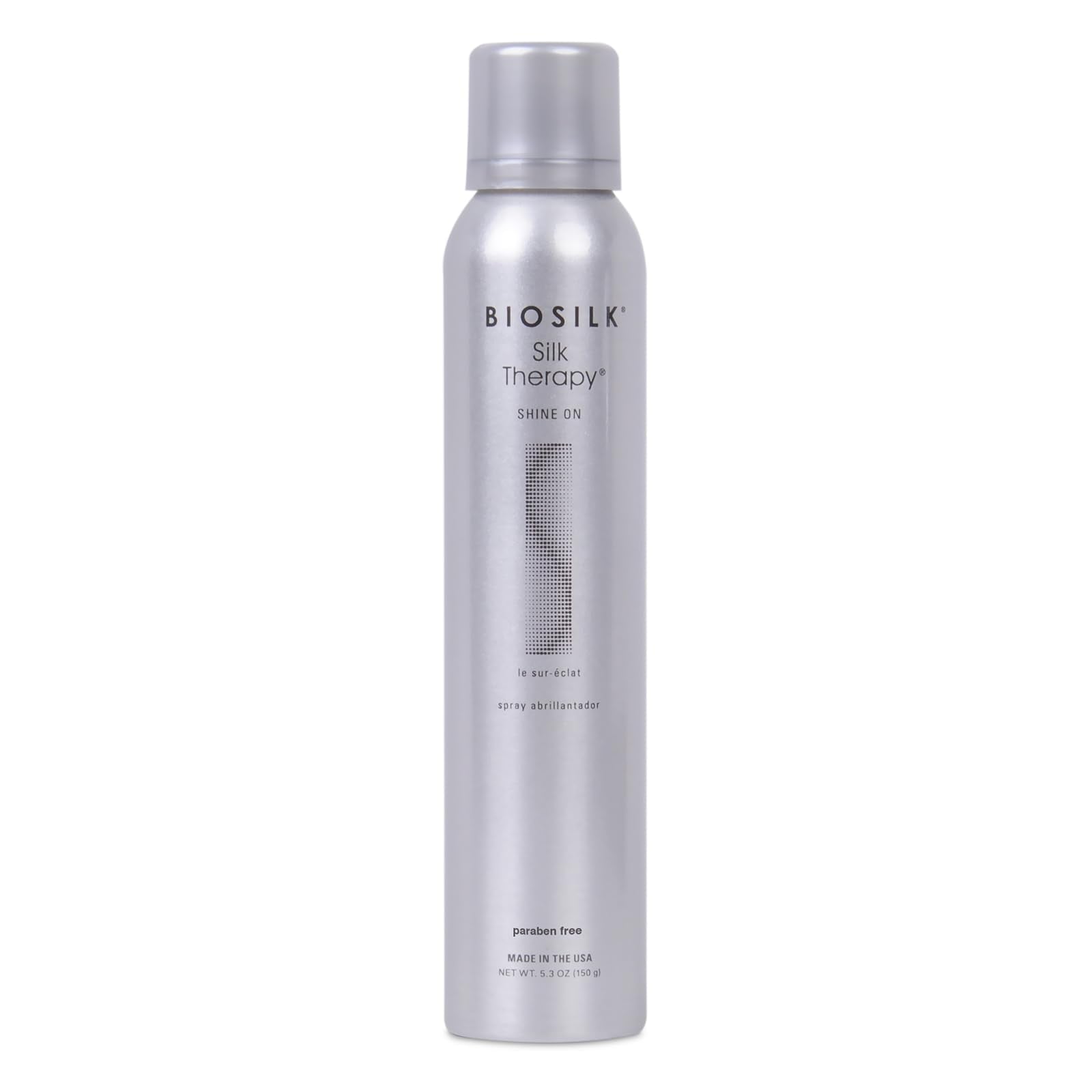 BioSilk Silk Therapy Shine On, flacon-brillance visible, contrôle des frisottis pour une coiffure durable.