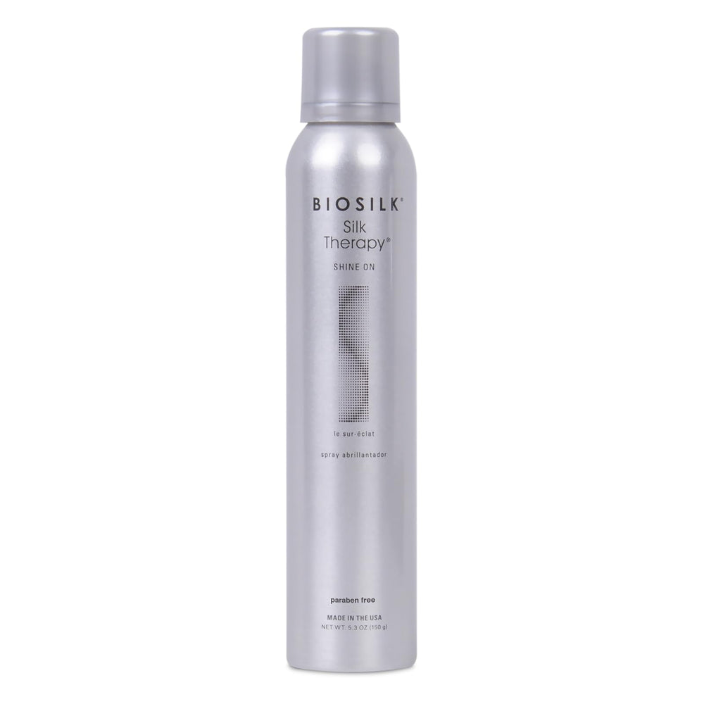 BioSilk Silk Therapy Shine On, flacon-brillance visible, contrôle des frisottis pour une coiffure durable.