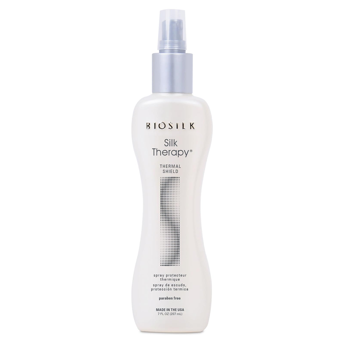 BioSilk Silk Therapy sur la bouteille, protection thermique pour cheveux.