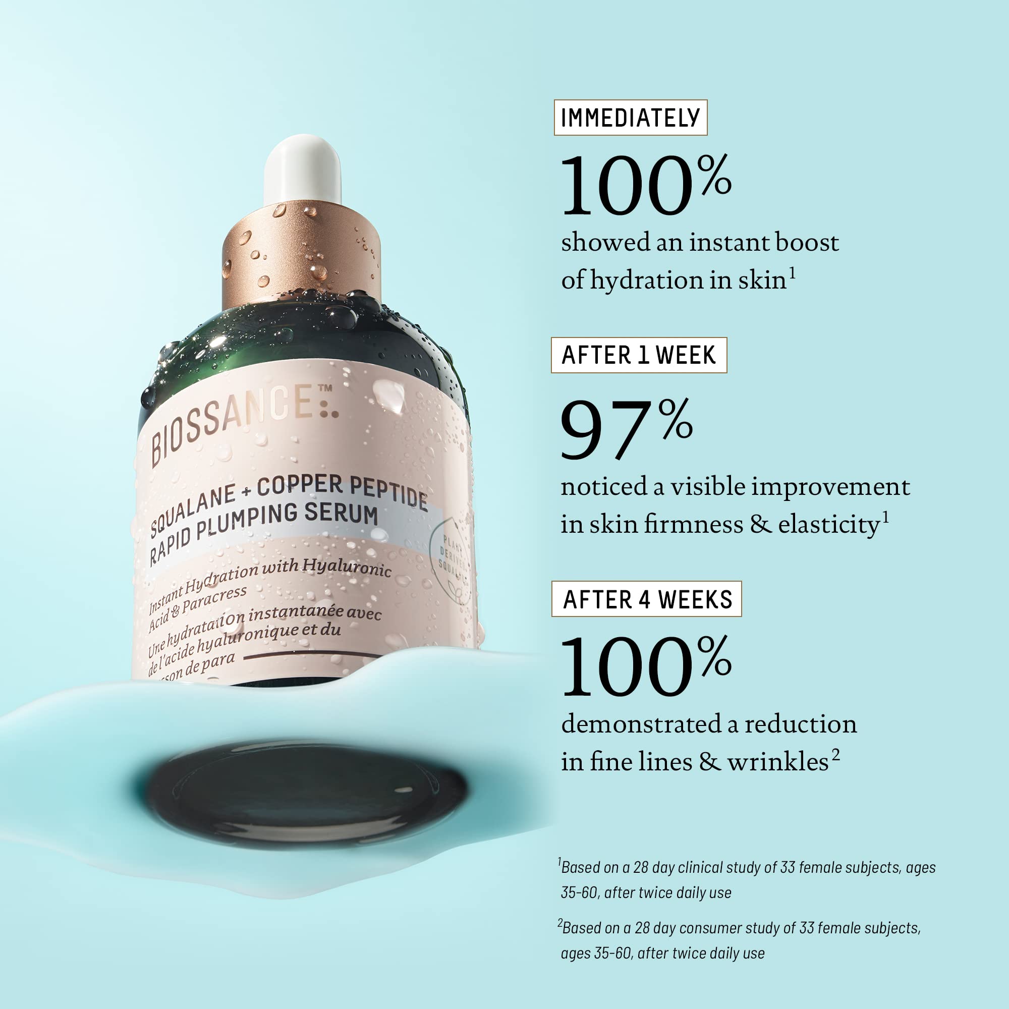 Sérum Biossance lissant les ridules, effet lumineux sur la peau.