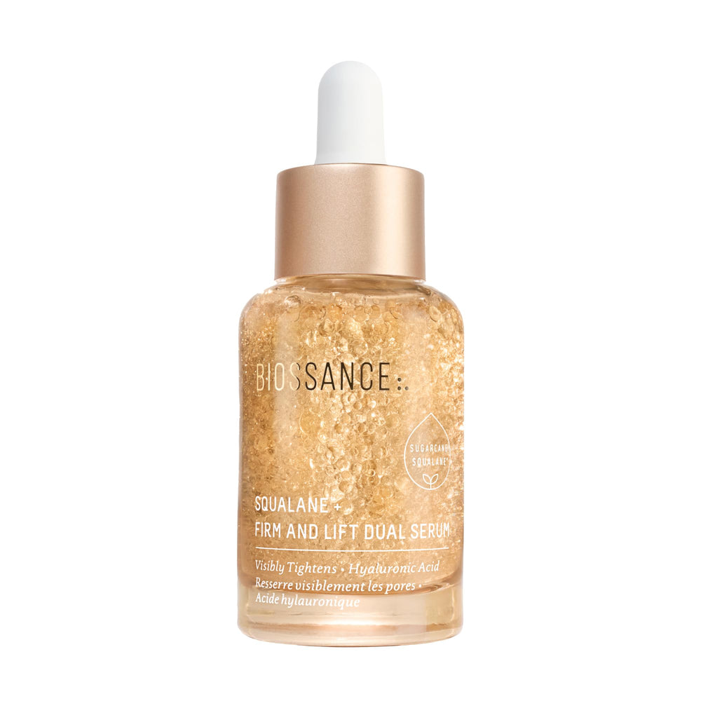 Biossance Squalane + Firm & Lift, flacon-serum, lift potentiel et hydratation durable.