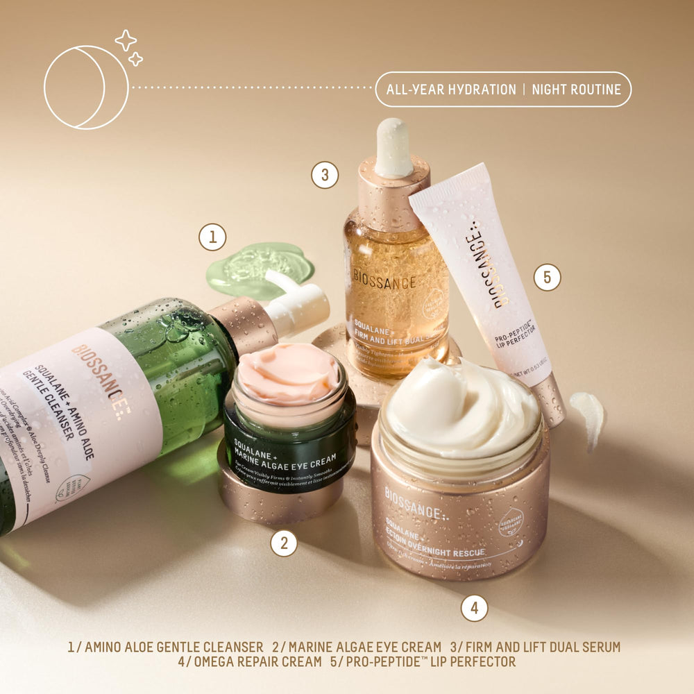 Routine quotidienne Biossance Squalane + Firm & Lift, peau éclatante et hydratée.