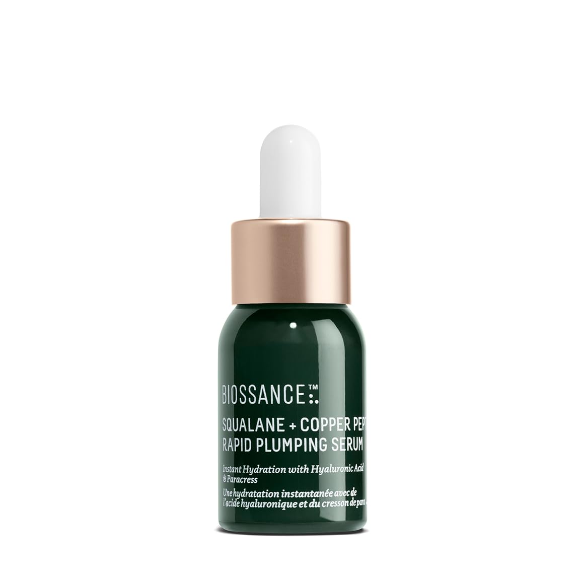 Biossance sérum visage avec Squalane et peptide cuivre, flacon clair pour hydratation durable.