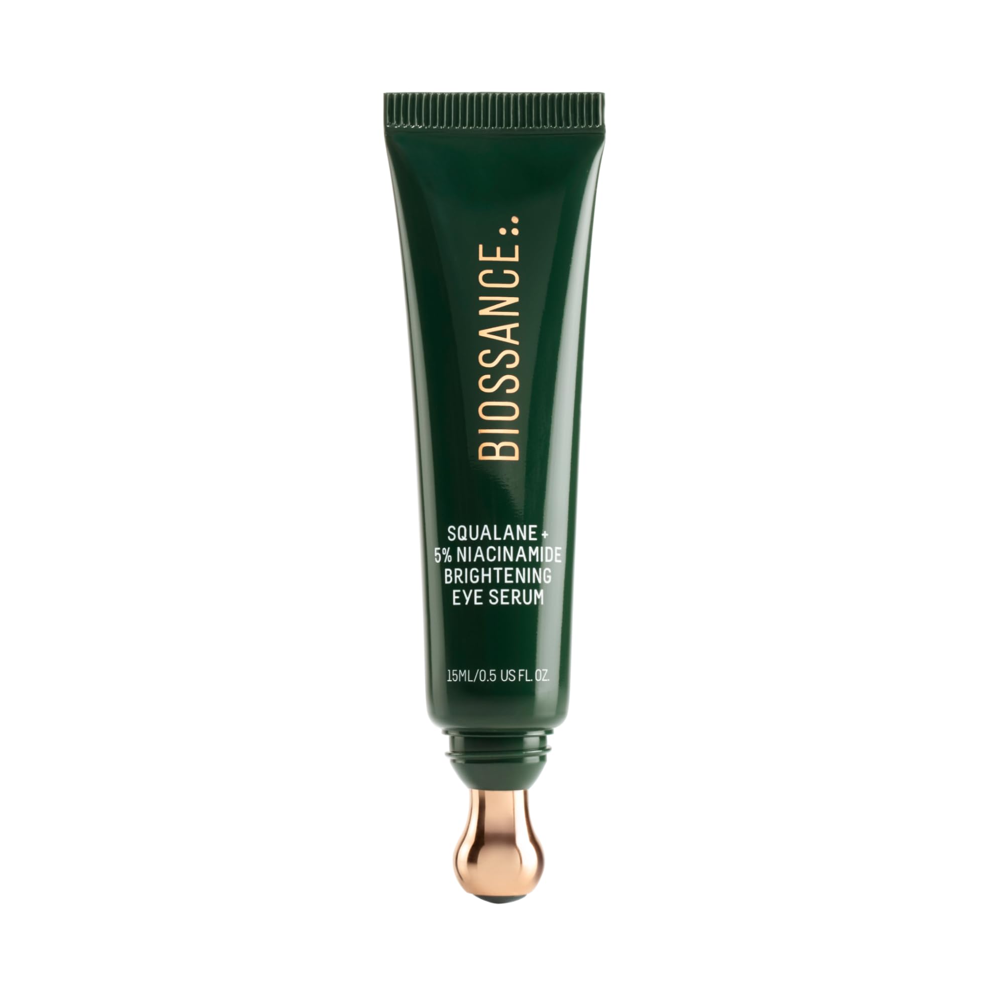 Sérum contour des yeux Biossance avec bille en acier pour massage rafraîchissant et hydratant.