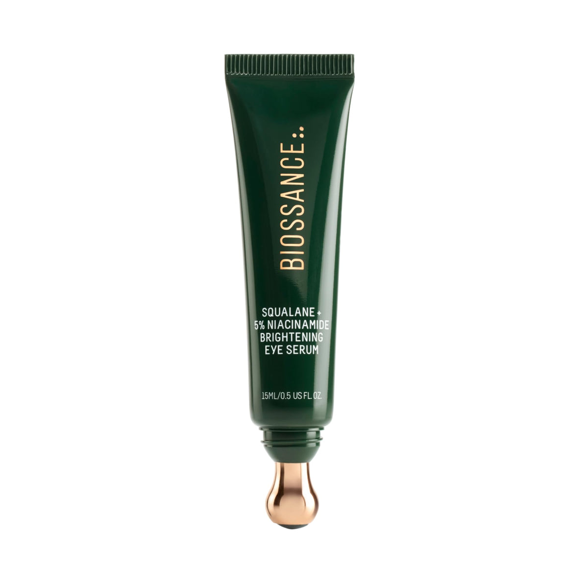 Sérum contour des yeux Biossance avec bille en acier pour massage rafraîchissant et hydratant.