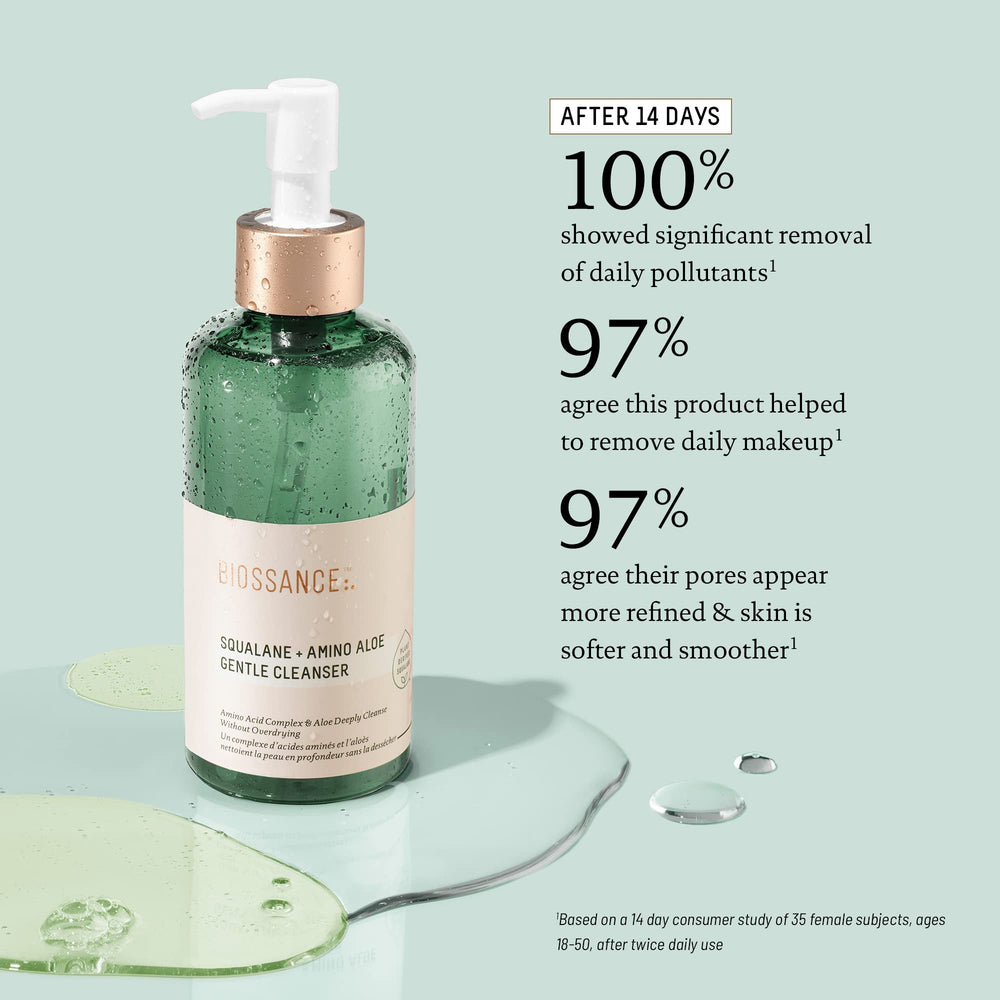 BIOSSANCE Squalane + Amino Aloe – mousse généreuse, élimine le maquillage tout en préservant l'hydratation.