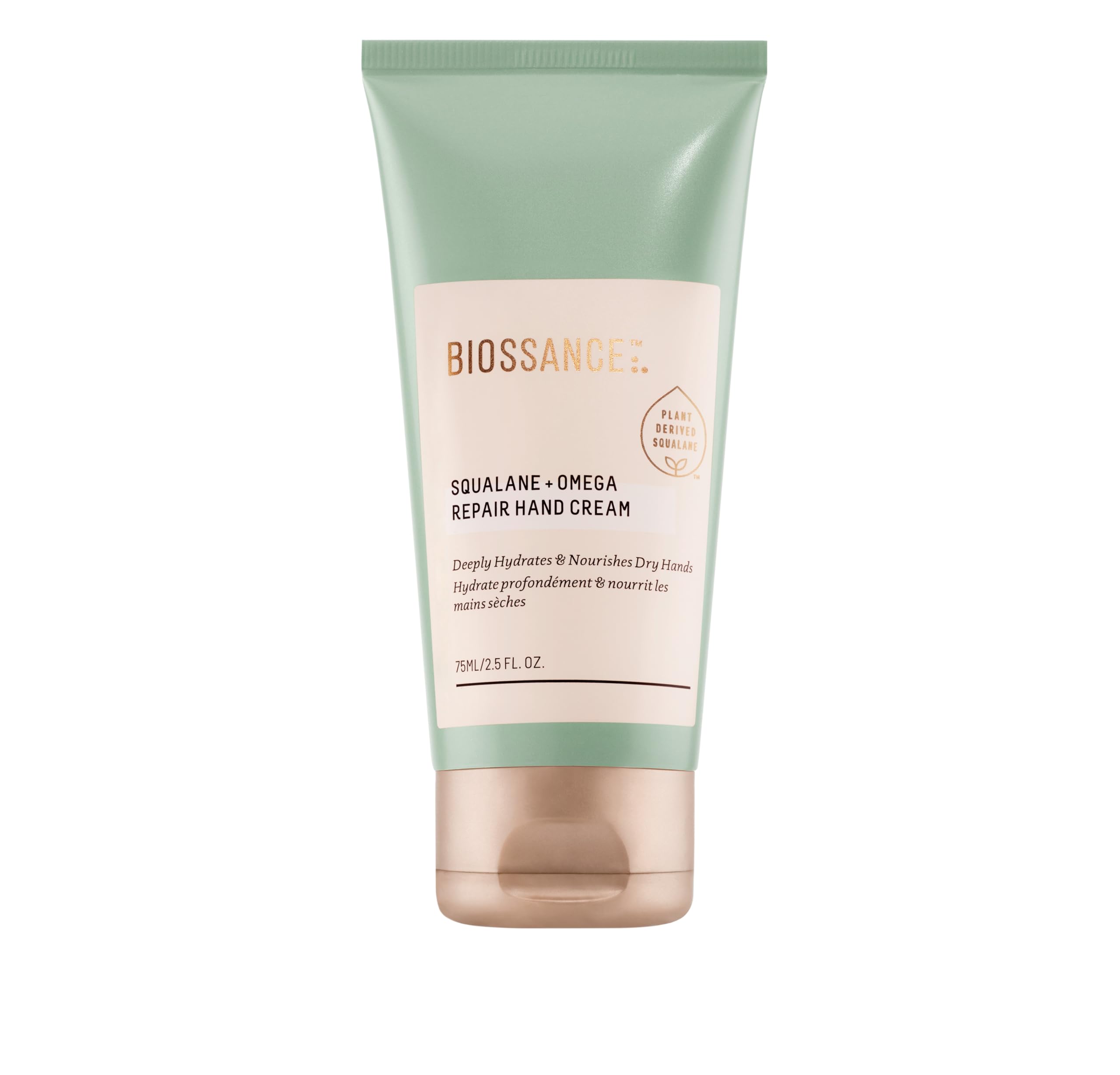 BIOSSANCE Squalane Omega Repair – emballage mains, hydratation pratique en déplacement.