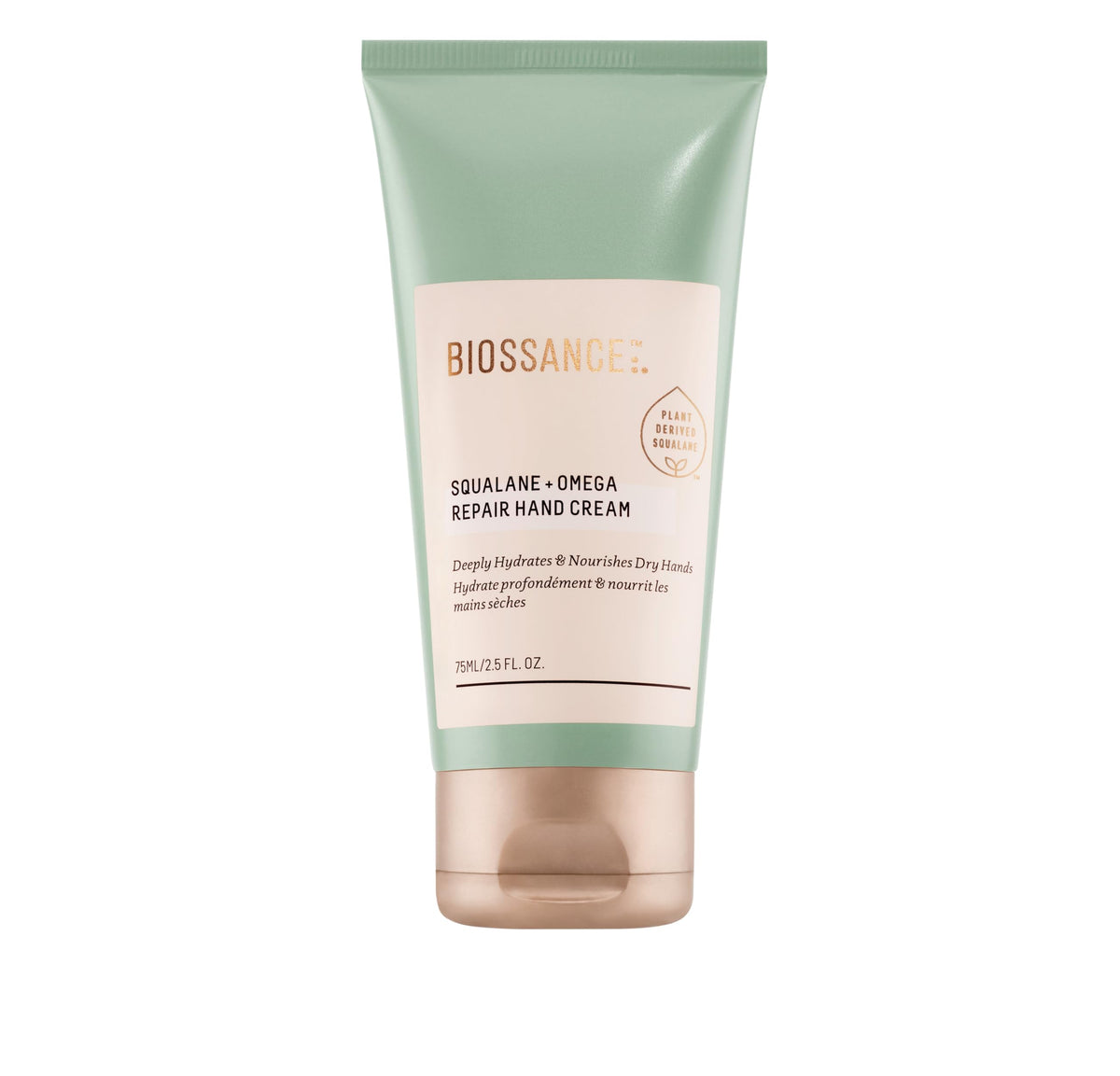 BIOSSANCE Squalane Omega Repair – emballage mains, hydratation pratique en déplacement.