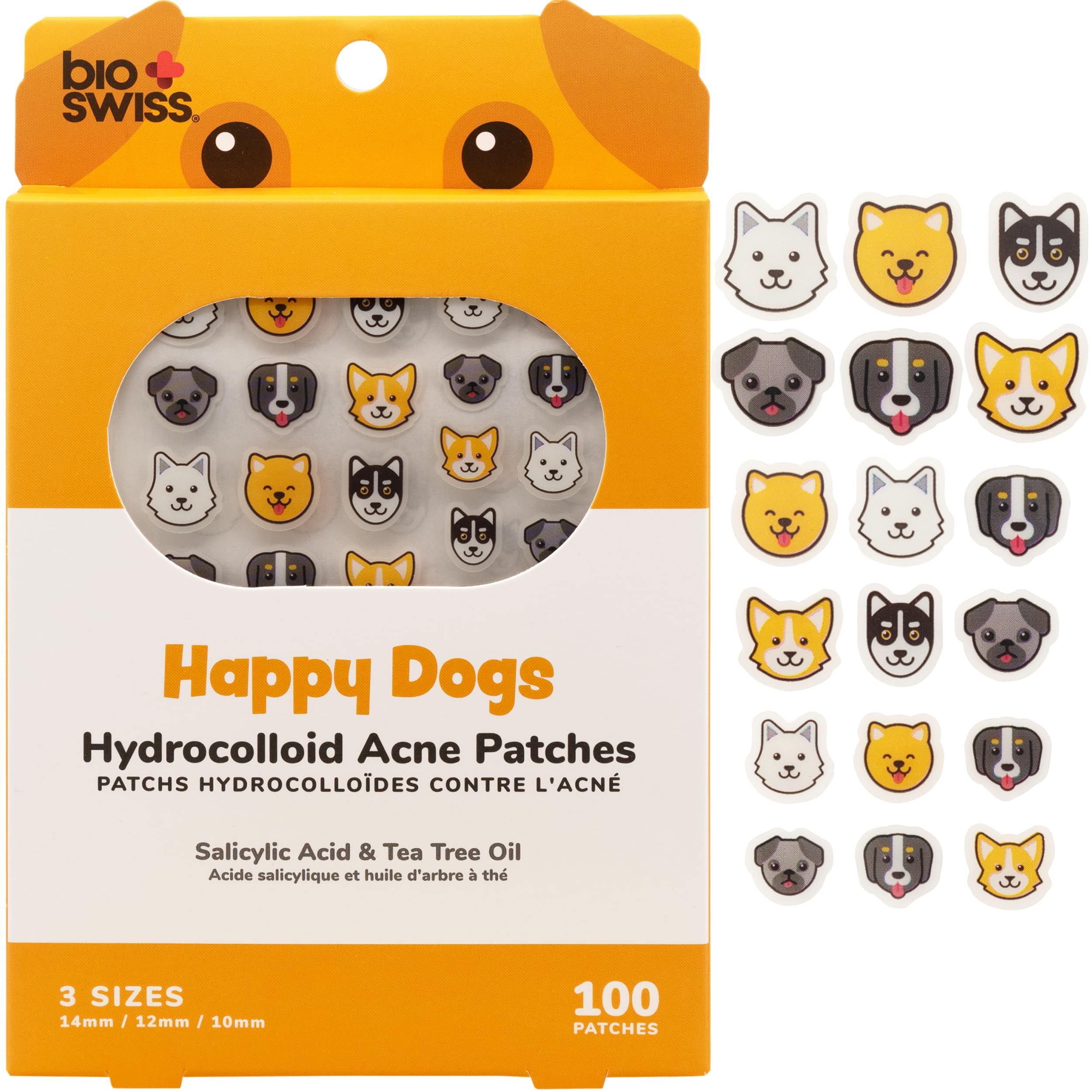 Pansements BioSwiss Happy Dog dans la boîte, 100 unités, pratique et discret.