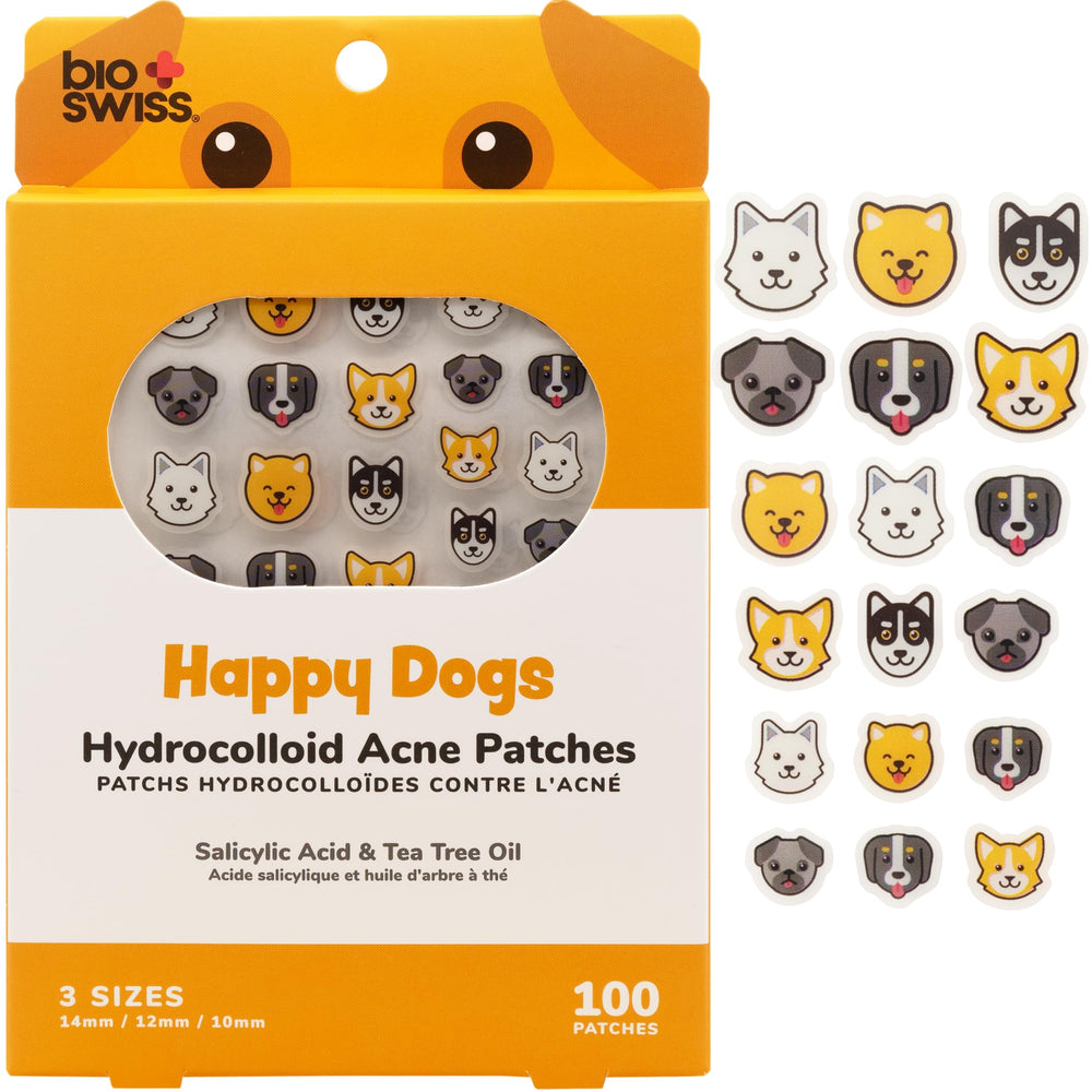 Pansements BioSwiss Happy Dog dans la boîte, 100 unités, pratique et discret.