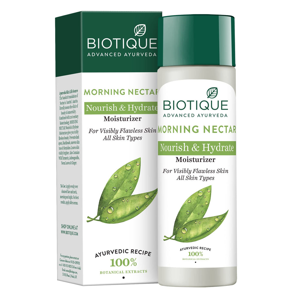 Biotique Morning Nectar bouteille pompe prête à hydrater le visage.