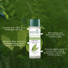 Biotique Morning Nectar peau hydratée et lumineuse après application.