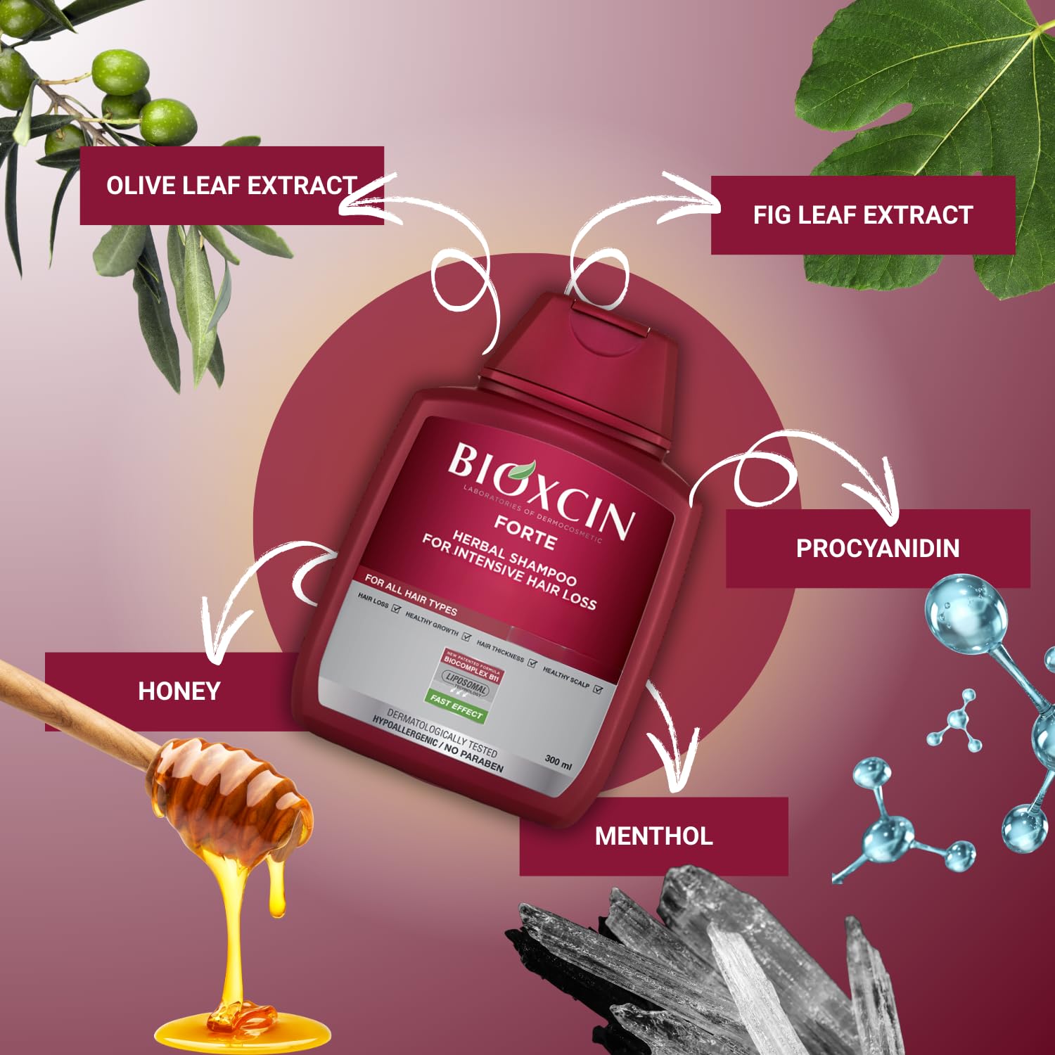 BIOXCIN Shampoing à base de plantes - étiquette mettant en avant une formule douce et hypoallergénique.