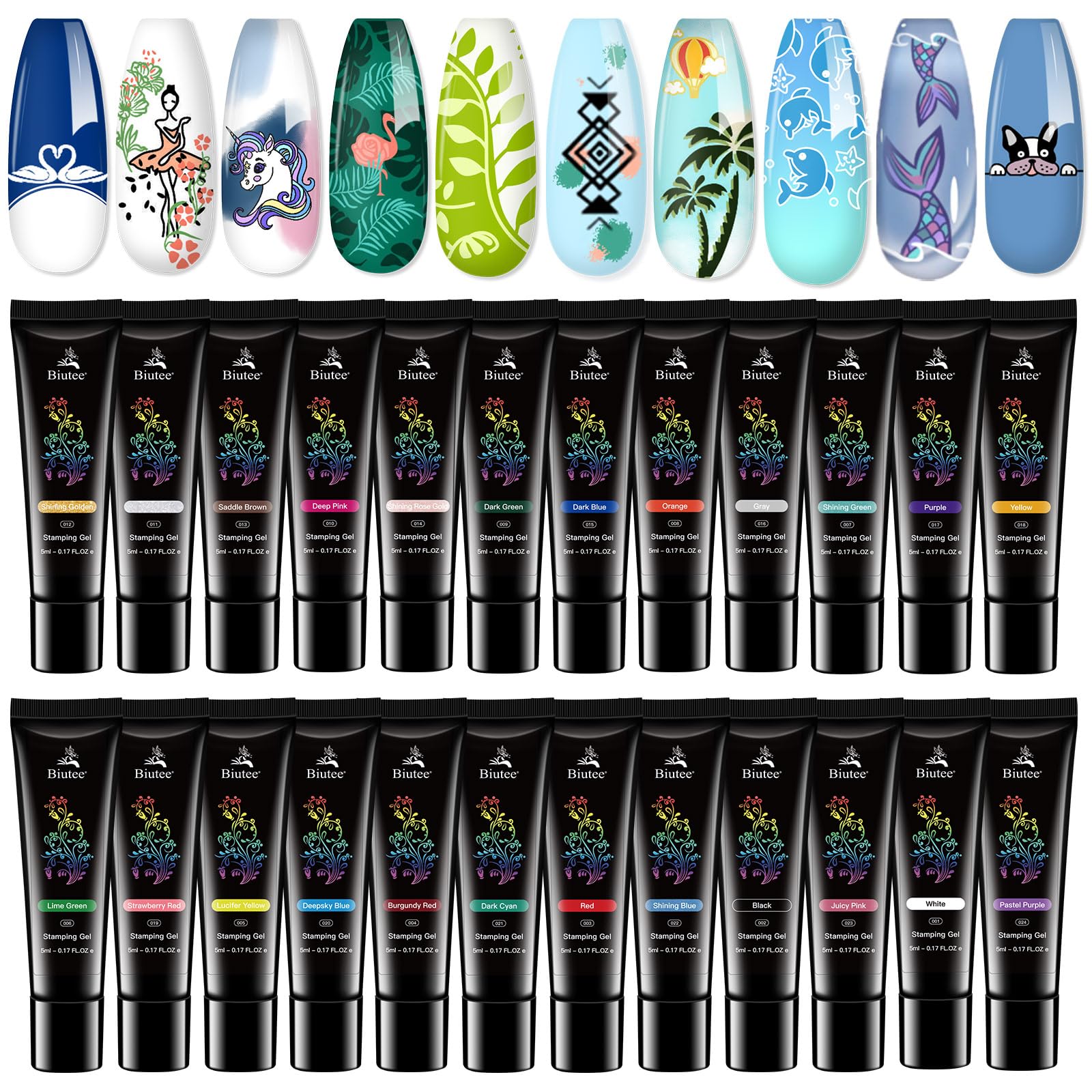 Biutee Nail Stamping Gel Polish 24-color set delivering vibrant transfers