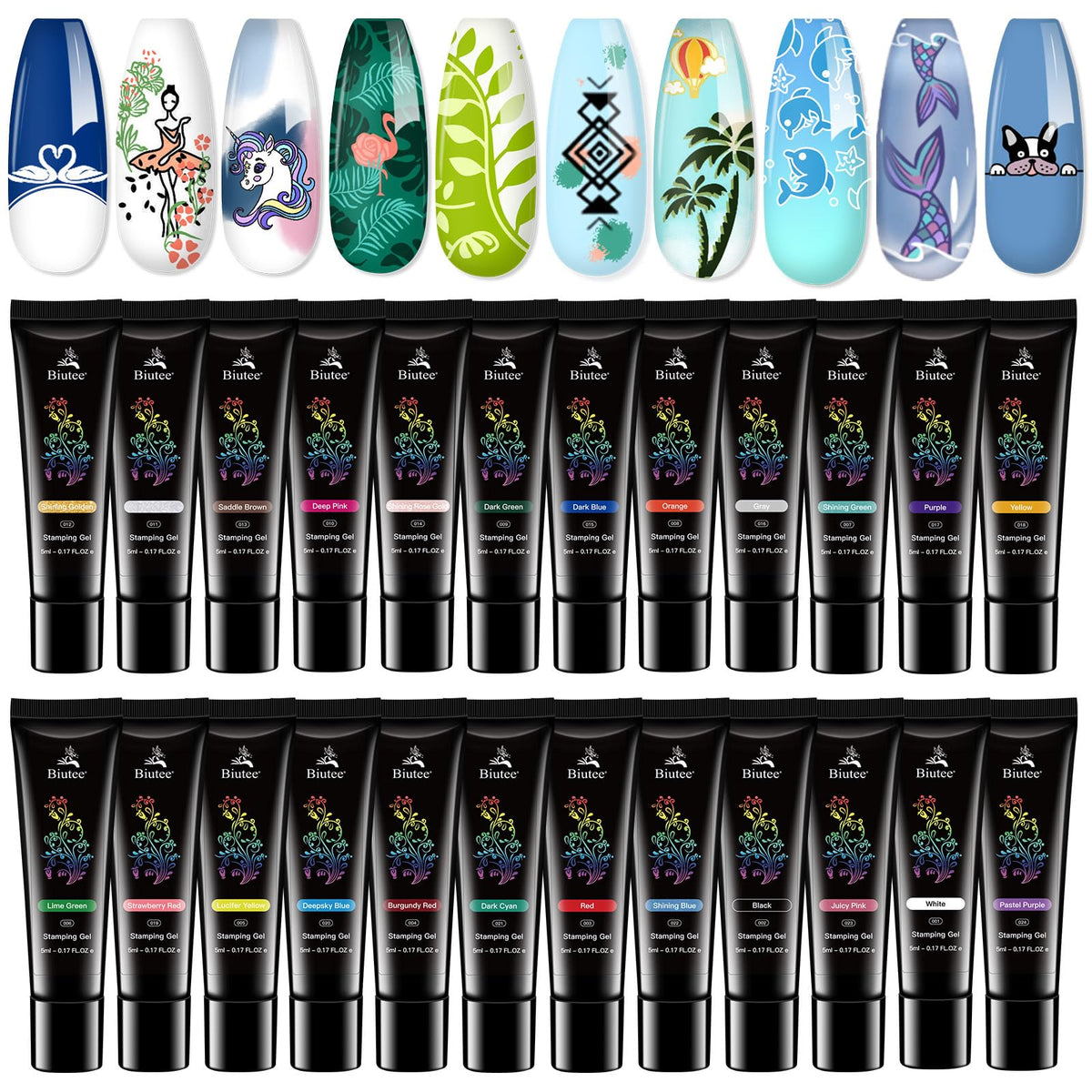 Biutee Nail Stamping Gel Polish 24-color set delivering vibrant transfers