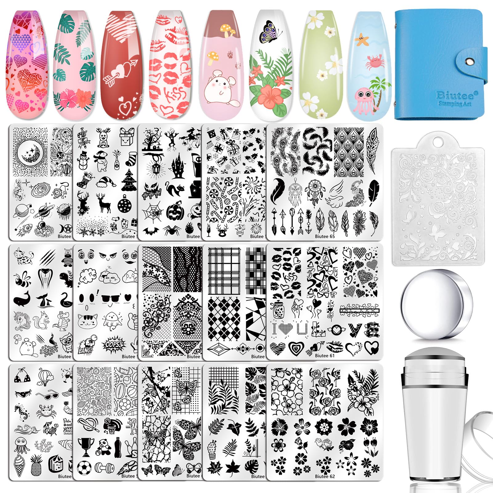Biutee plaques stamping ongulaire: ensemble complet pour motifs variés sur les ongles.