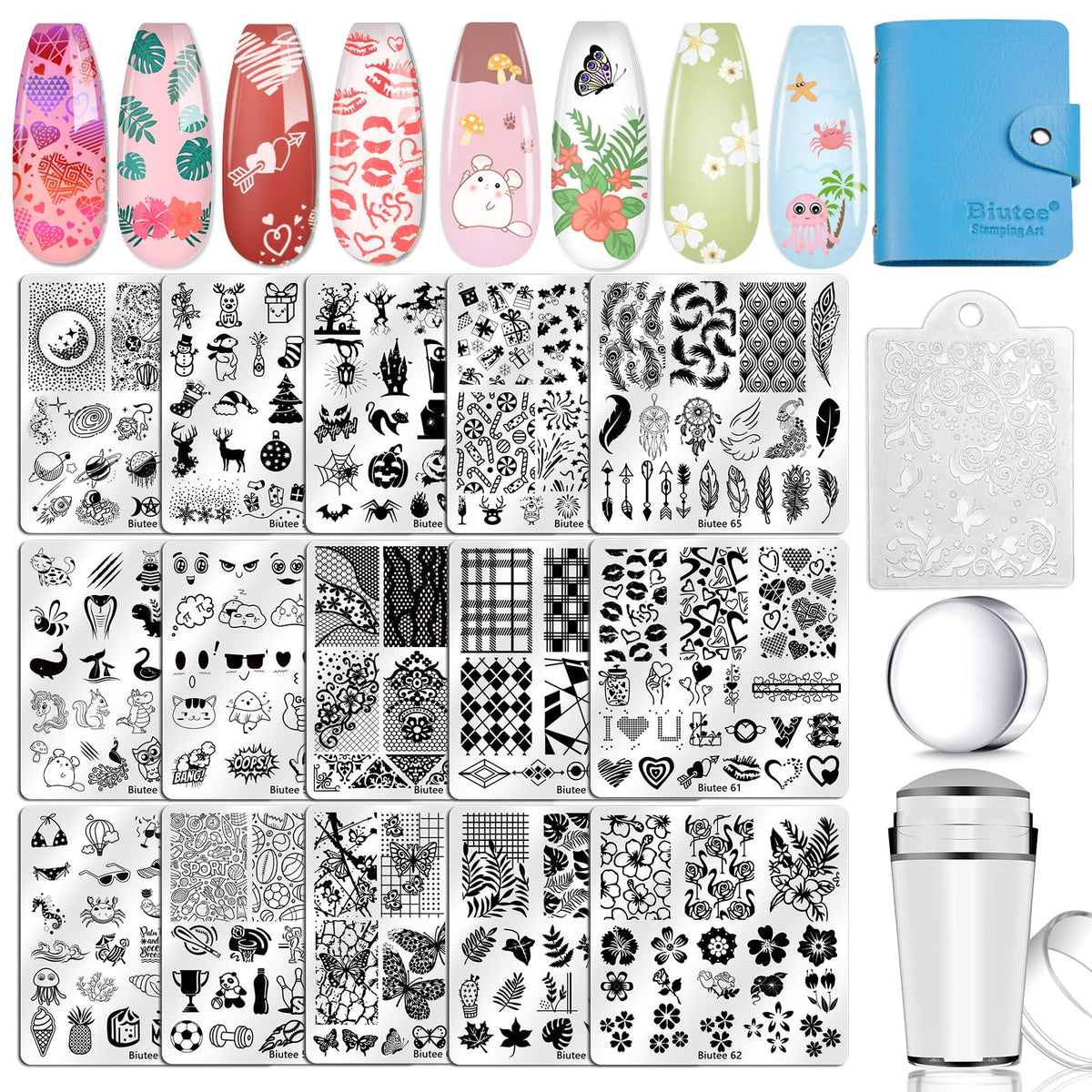 Biutee plaques stamping ongulaire: ensemble complet pour motifs variés sur les ongles.