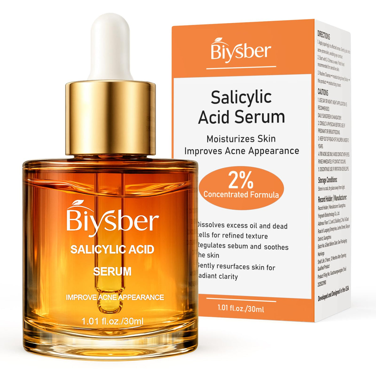 BIYSBER Sérum acide salicylique 2% – flacon, exfolie en douceur et affine les pores.