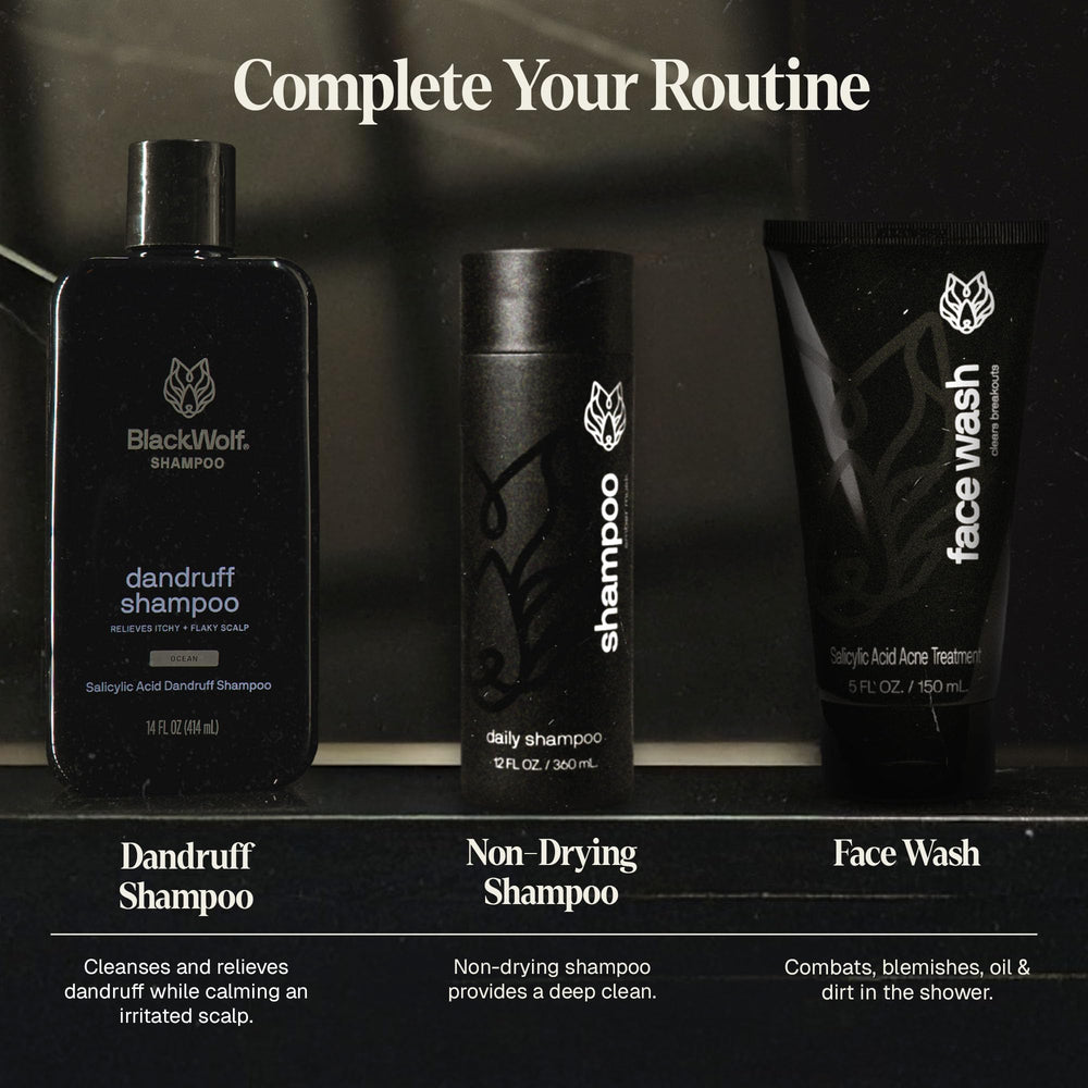 Ensemble soins pour hommes Black Wolf pour une routine douche complète.