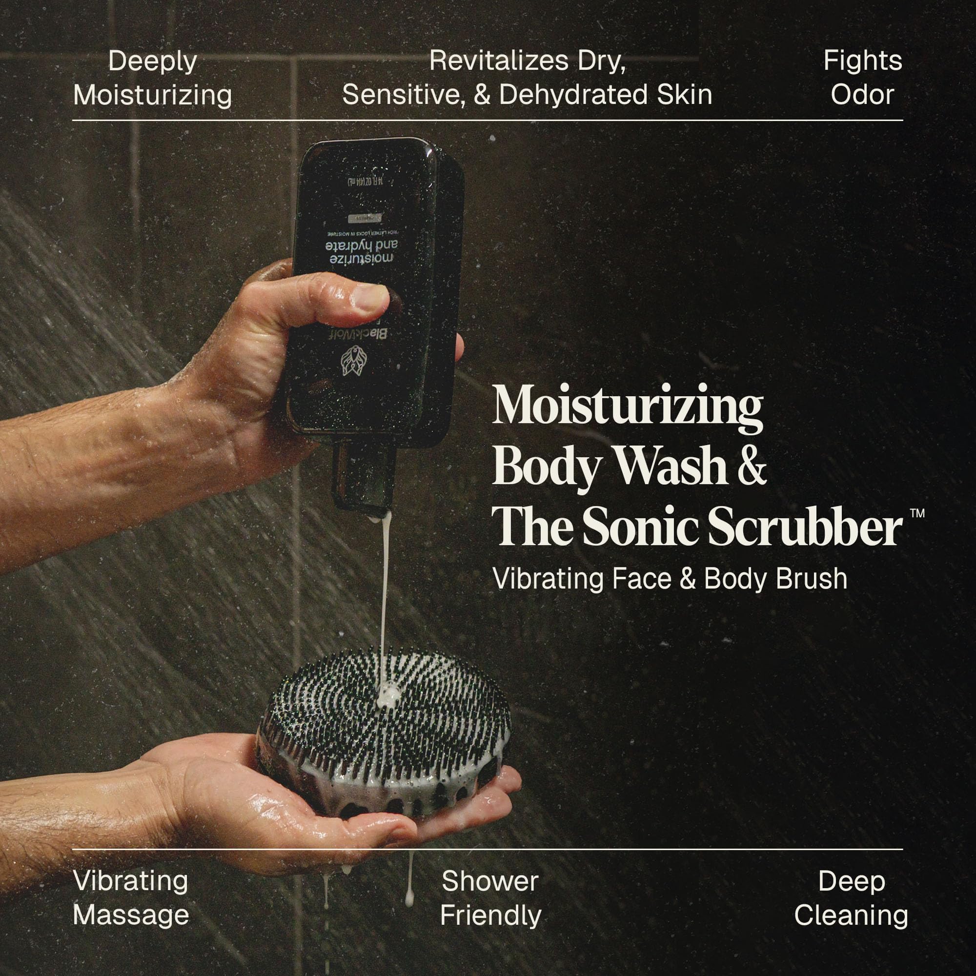 Gel douche hydratant Black Wolf pour peau sèche et déshydratée.
