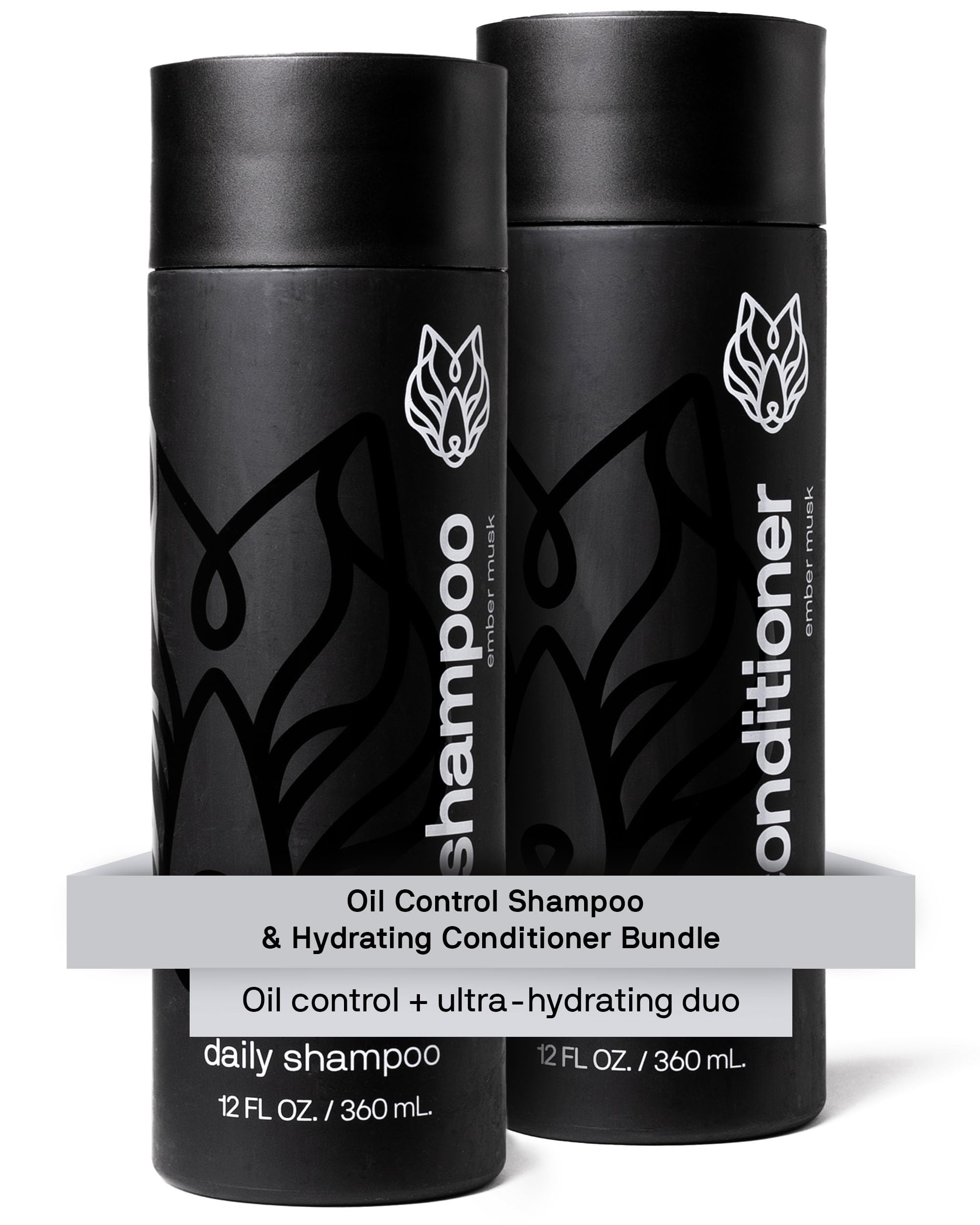 Shampoing Black Wolf pour hommes, bouteille affichant le contrôle de l’huile.