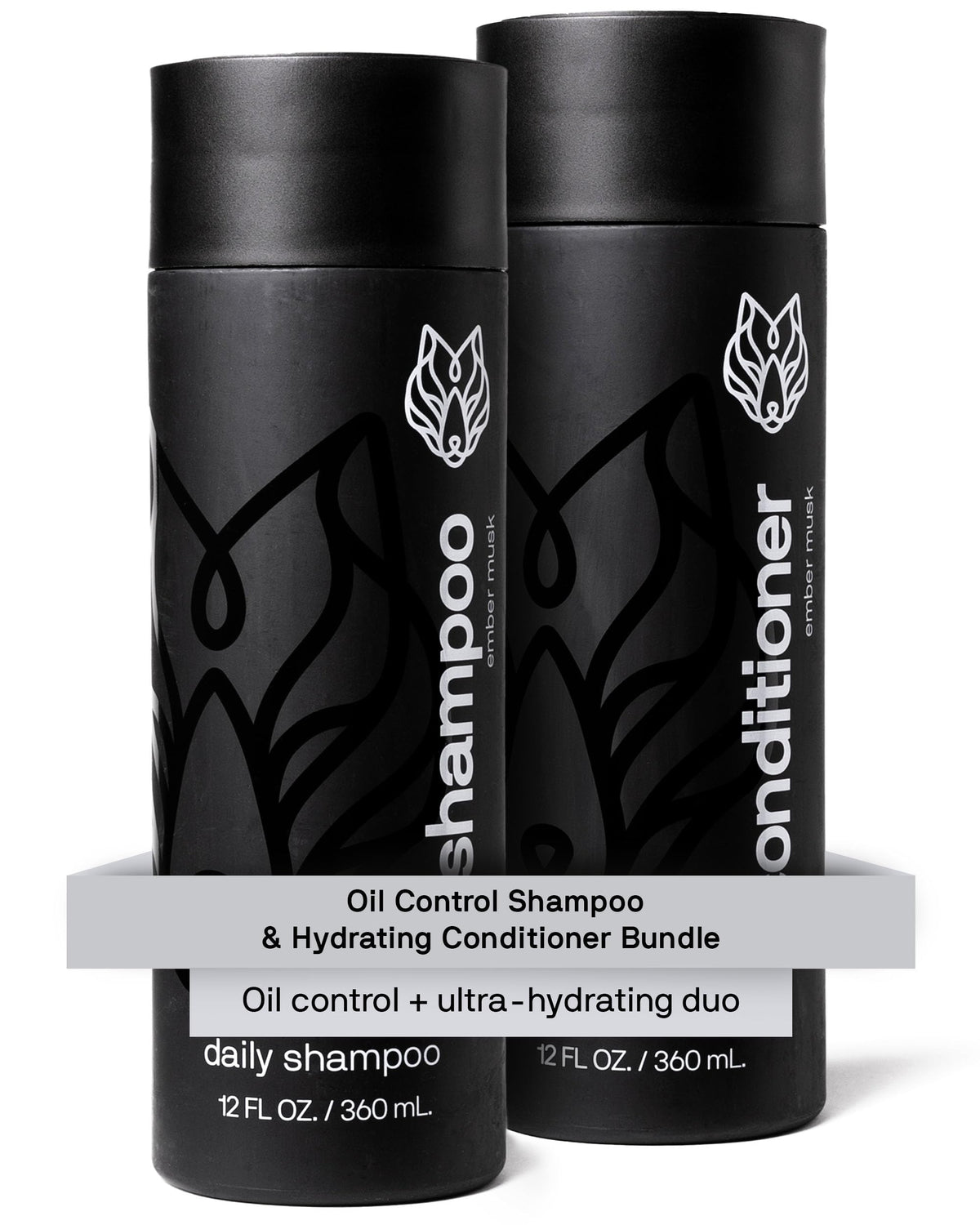 Shampoing Black Wolf pour hommes, bouteille affichant le contrôle de l’huile.